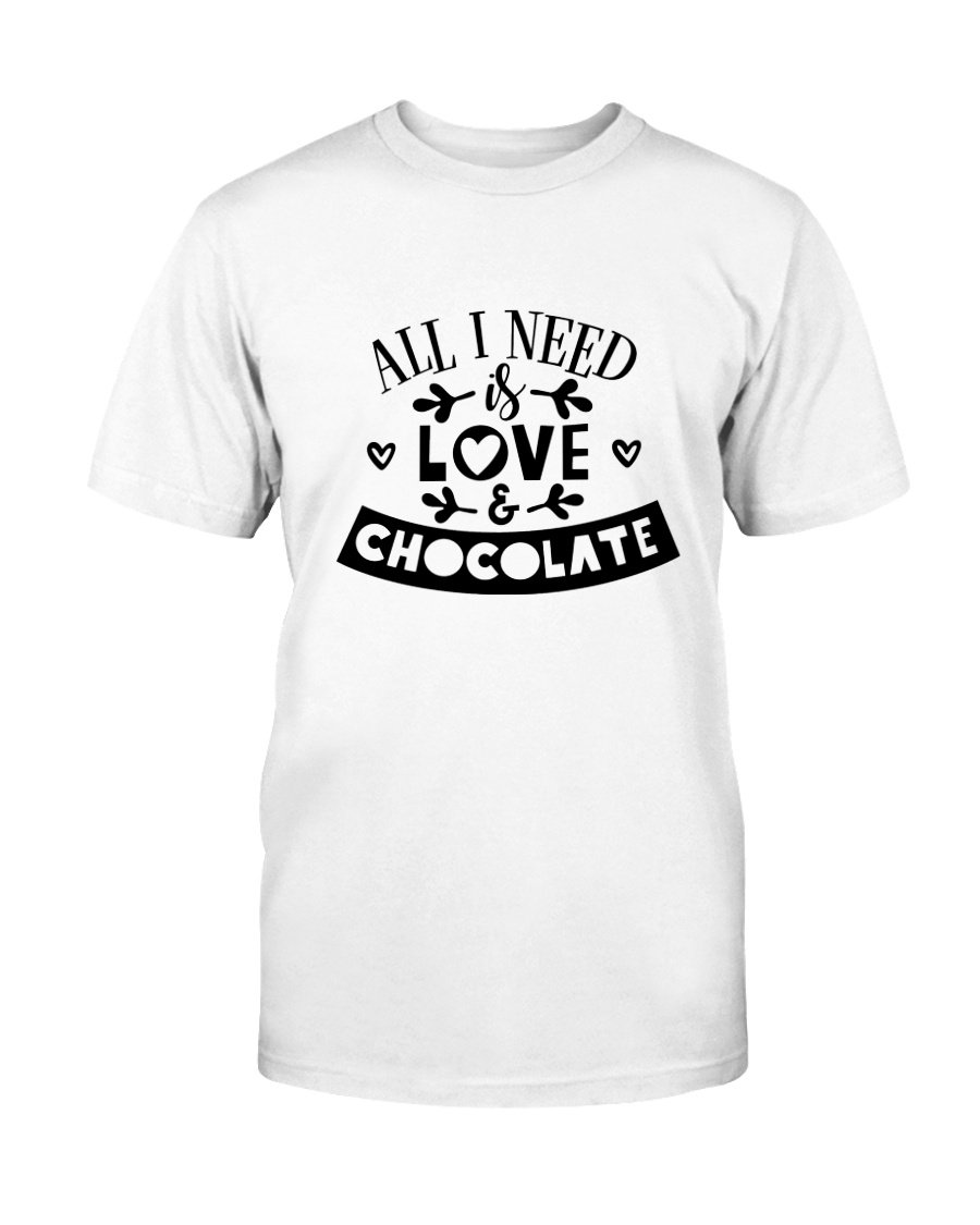 Unisex T-shirt featuring the phrase 'All I Need Is Love & Chocolate' in vibrant print, made from soft ring spun cotton.