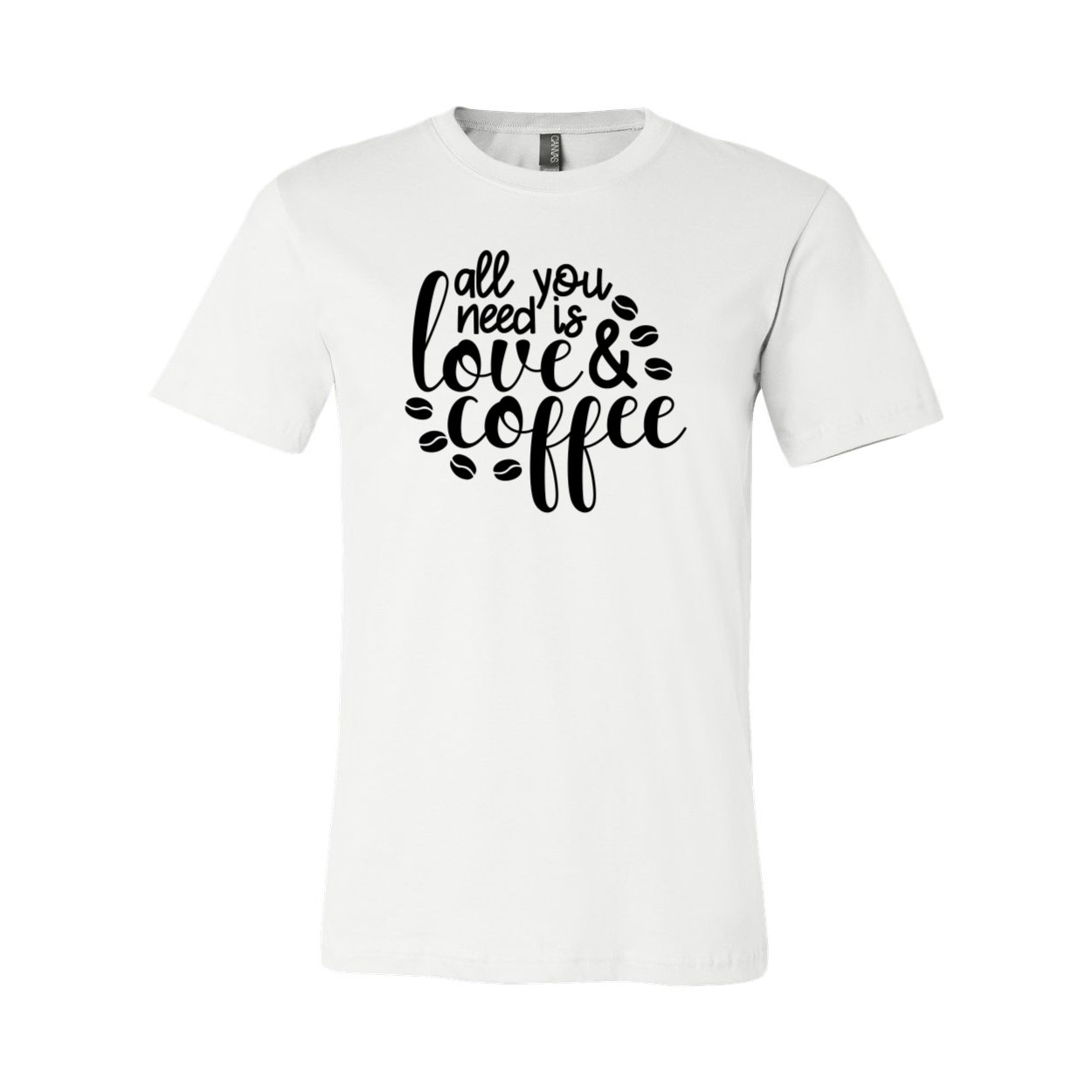 Unisex T-shirt featuring the phrase 'All You Need Is Love And Coffee' in stylish print, available in various colors.