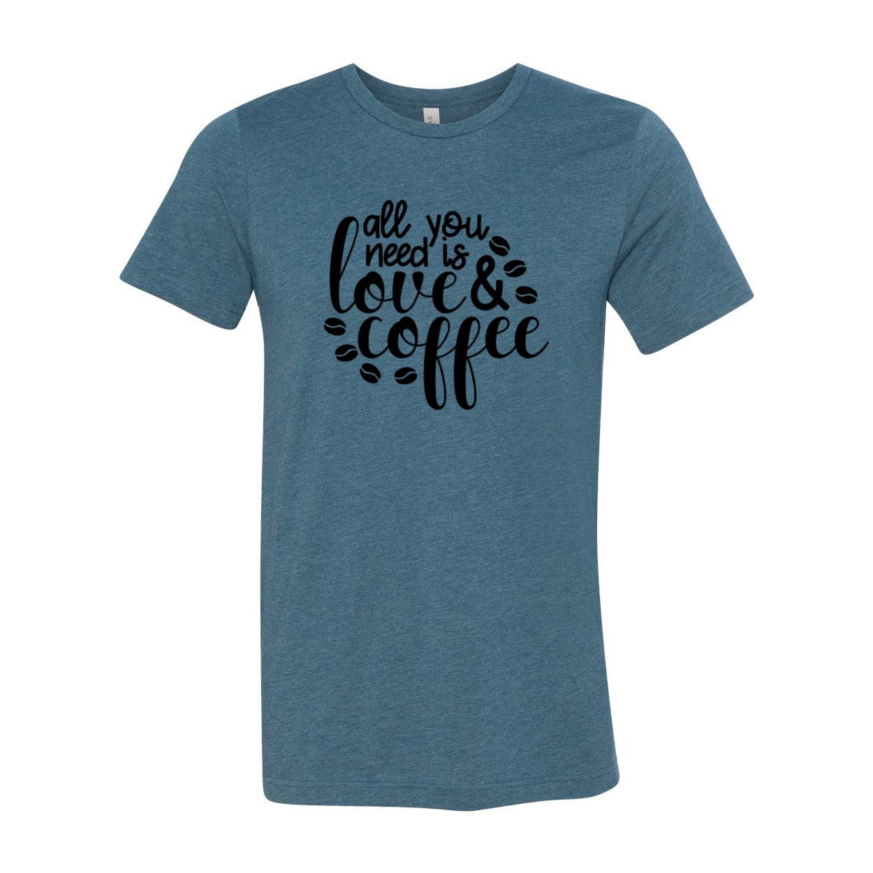 Unisex T-shirt featuring the phrase 'All You Need Is Love And Coffee' in stylish print, available in various colors.