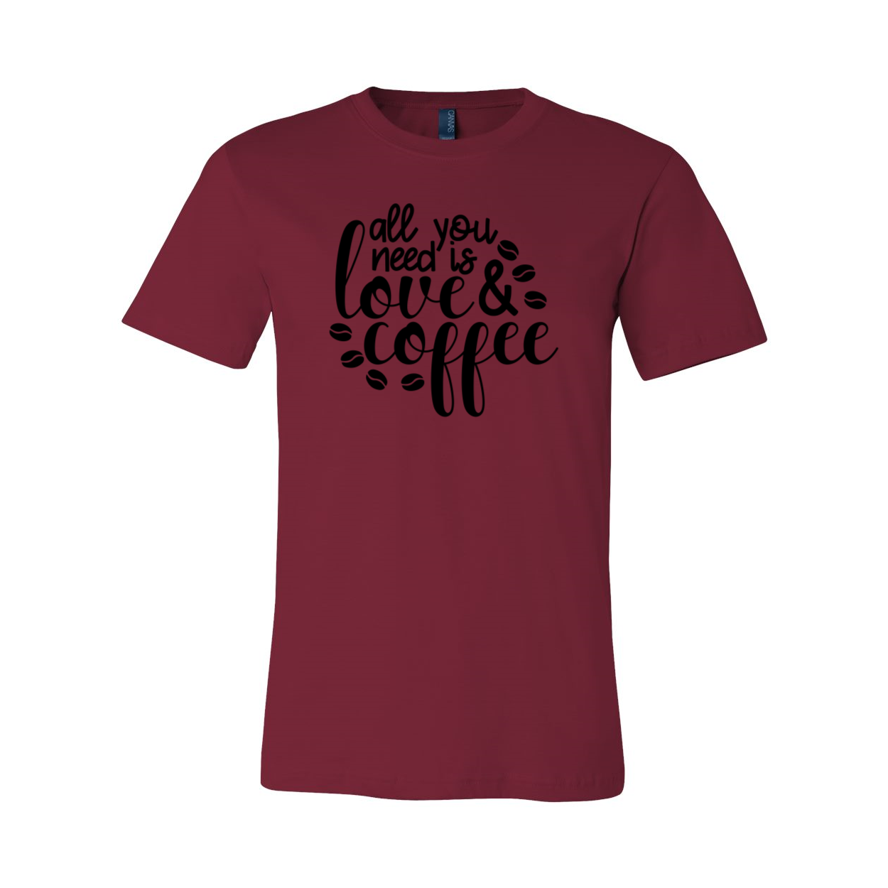 Unisex T-shirt featuring the phrase 'All You Need Is Love And Coffee' in stylish print, available in various colors.