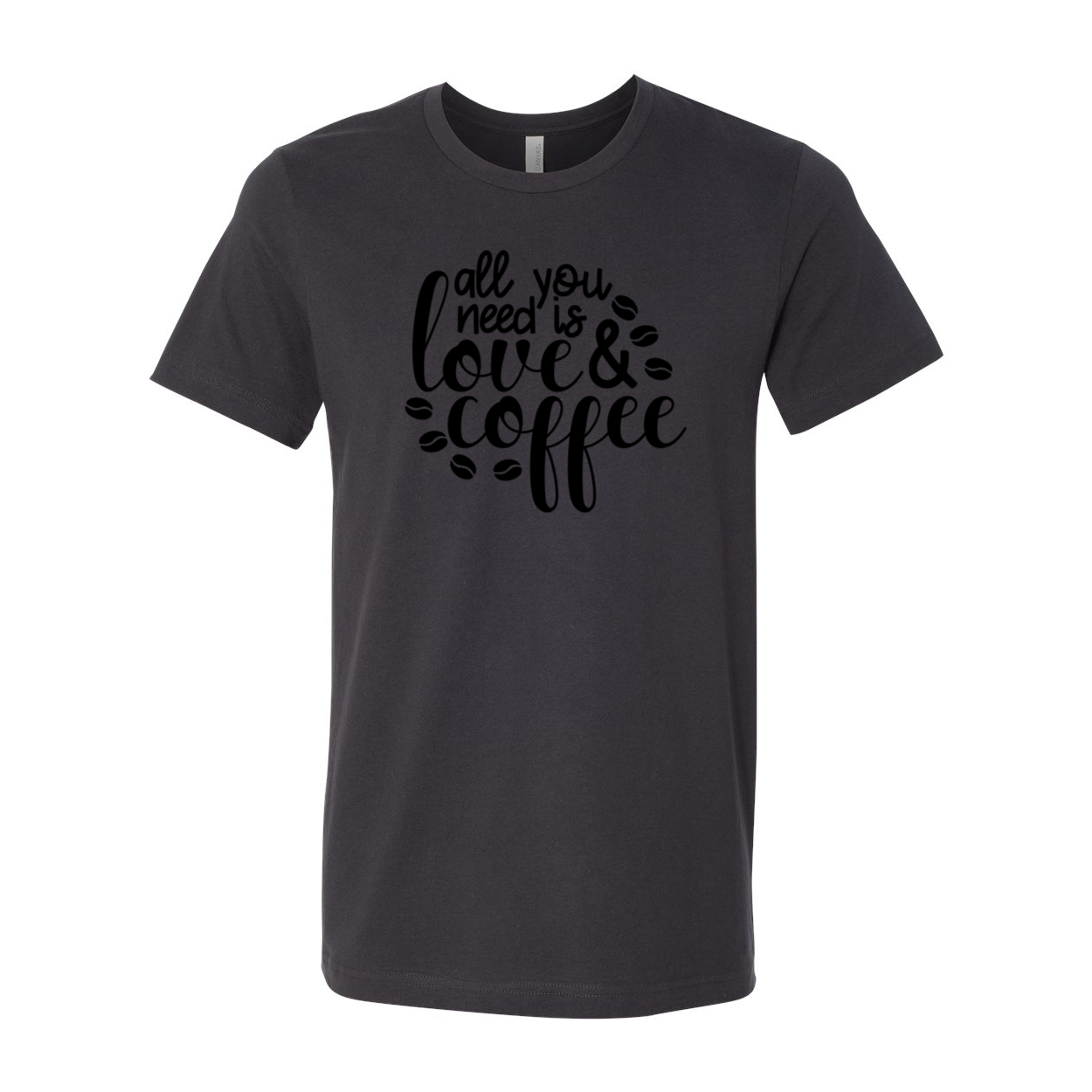 Unisex T-shirt featuring the phrase 'All You Need Is Love And Coffee' in stylish print, available in various colors.