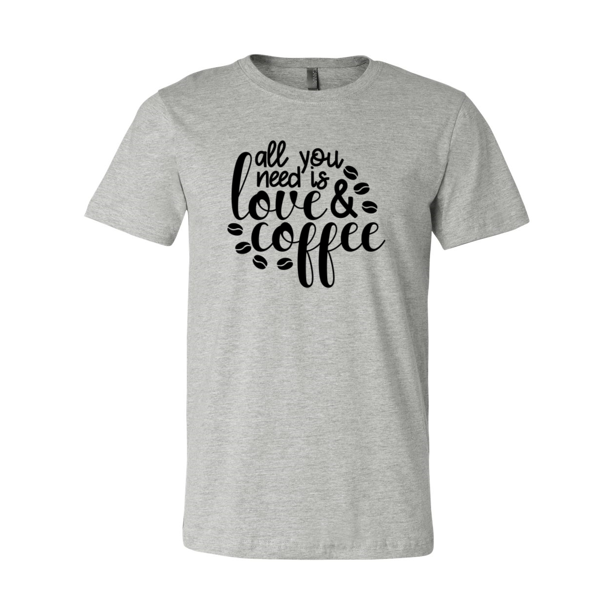 Unisex T-shirt featuring the phrase 'All You Need Is Love And Coffee' in stylish print, available in various colors.