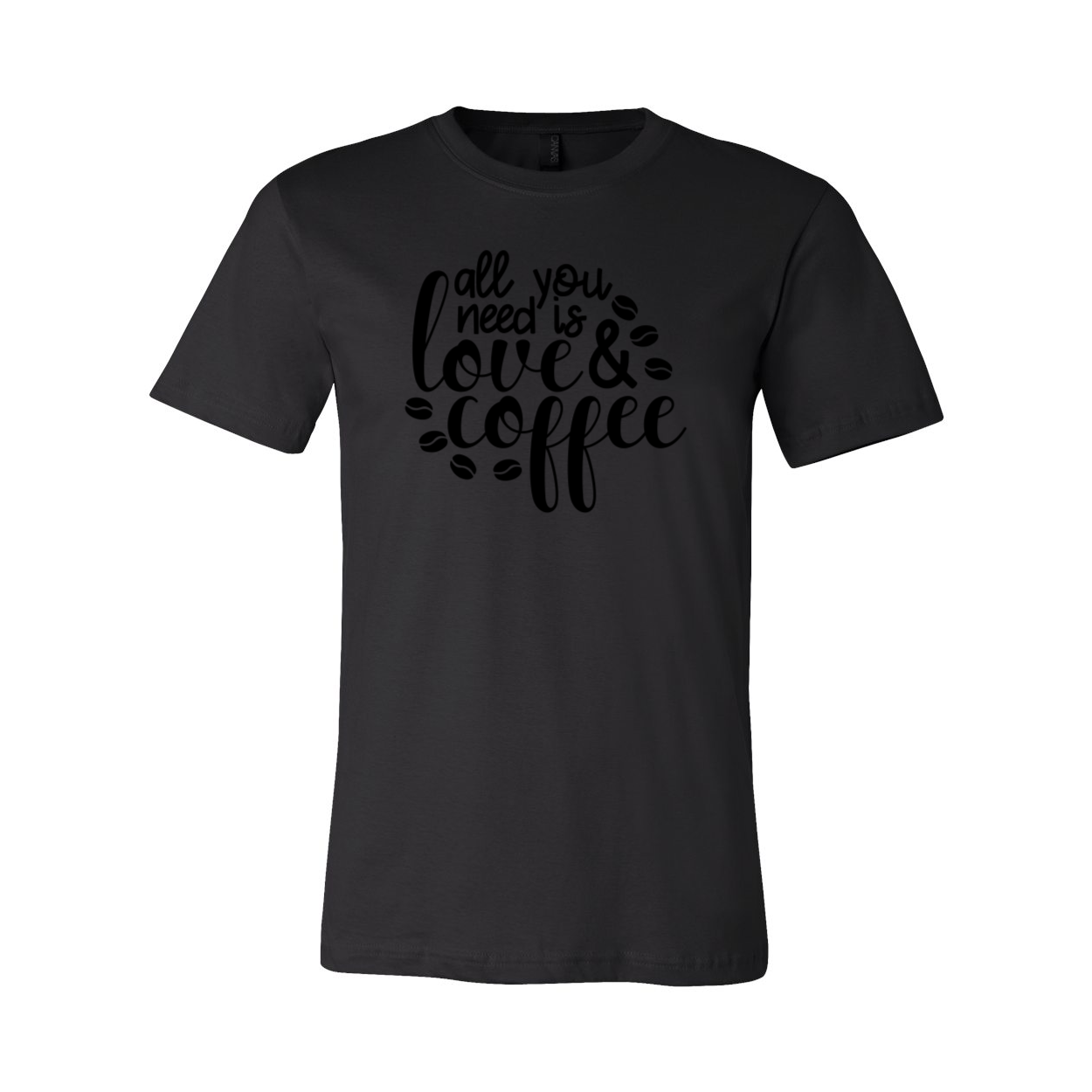 Unisex T-shirt featuring the phrase 'All You Need Is Love And Coffee' in stylish print, available in various colors.