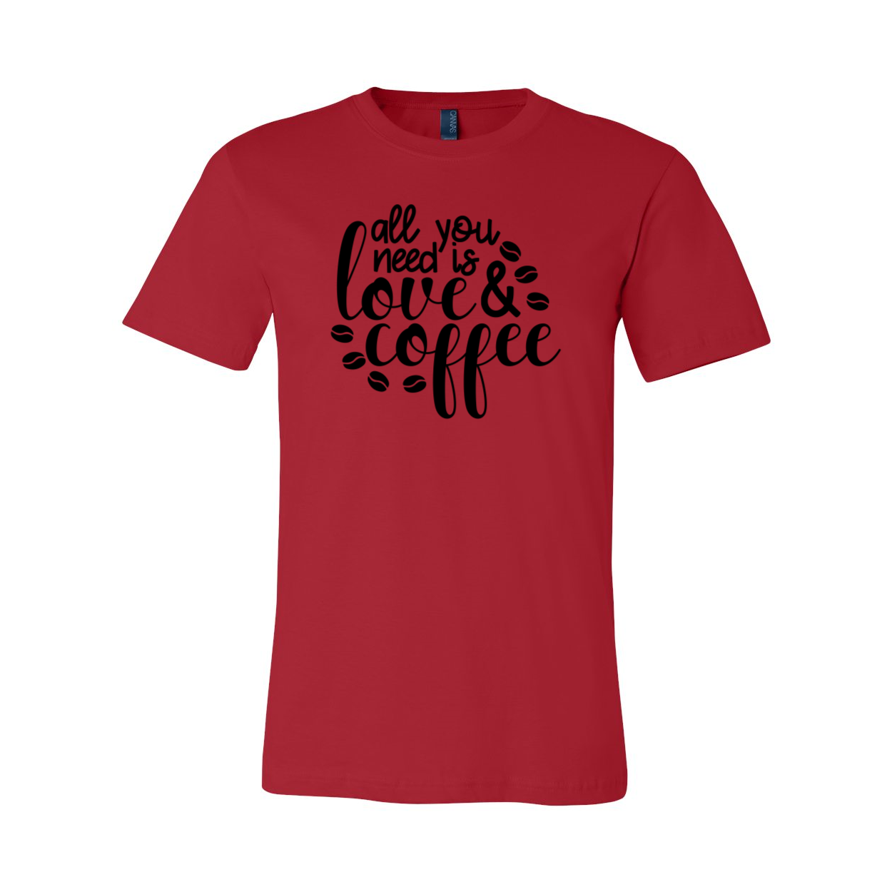 Unisex T-shirt featuring the phrase 'All You Need Is Love And Coffee' in stylish print, available in various colors.