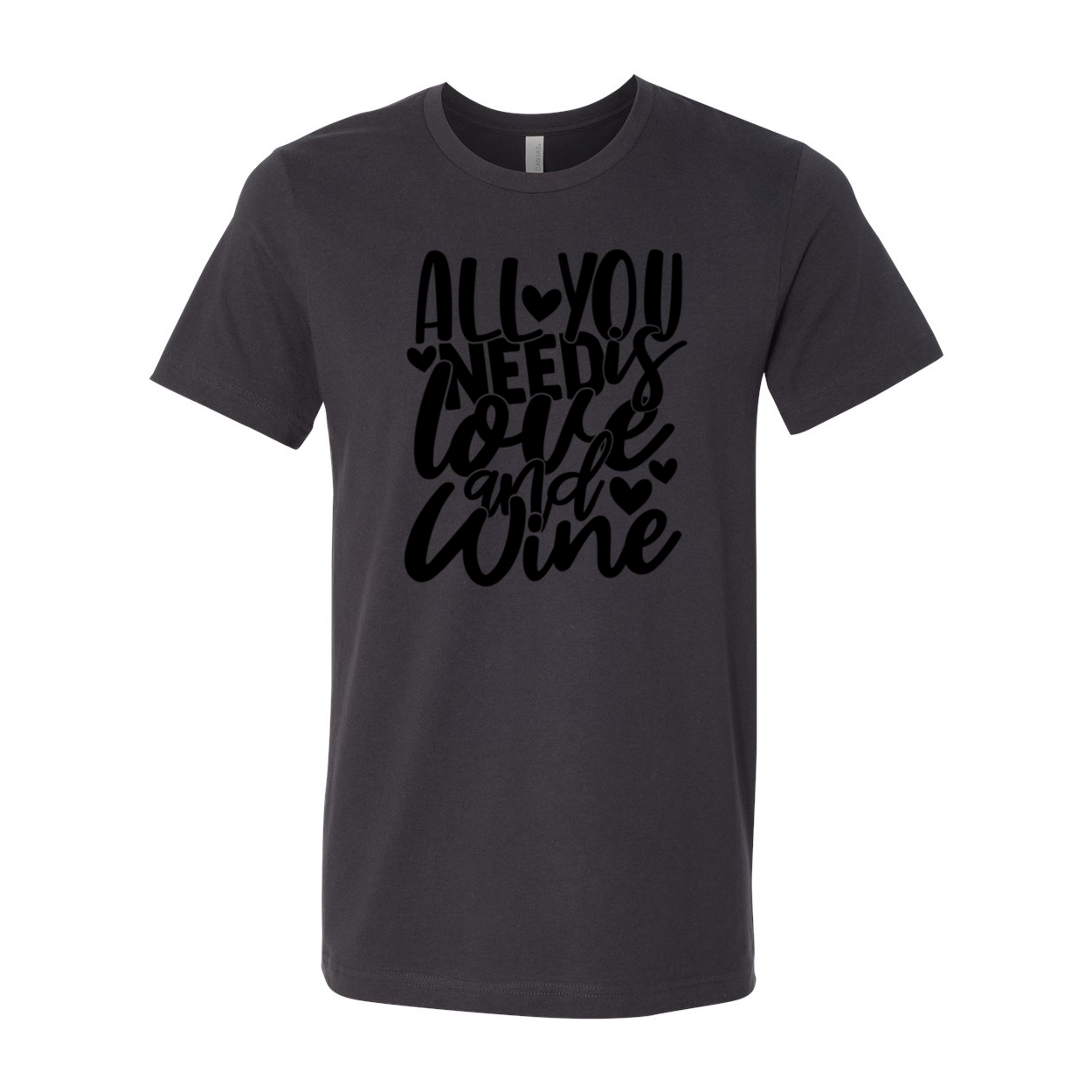 Unisex T-shirt featuring the phrase 'All You Need Is Love And Wine' in vibrant colors, made from soft ring spun cotton.