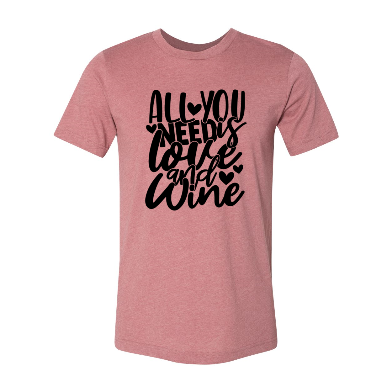 Unisex T-shirt featuring the phrase 'All You Need Is Love And Wine' in vibrant colors, made from soft ring spun cotton.