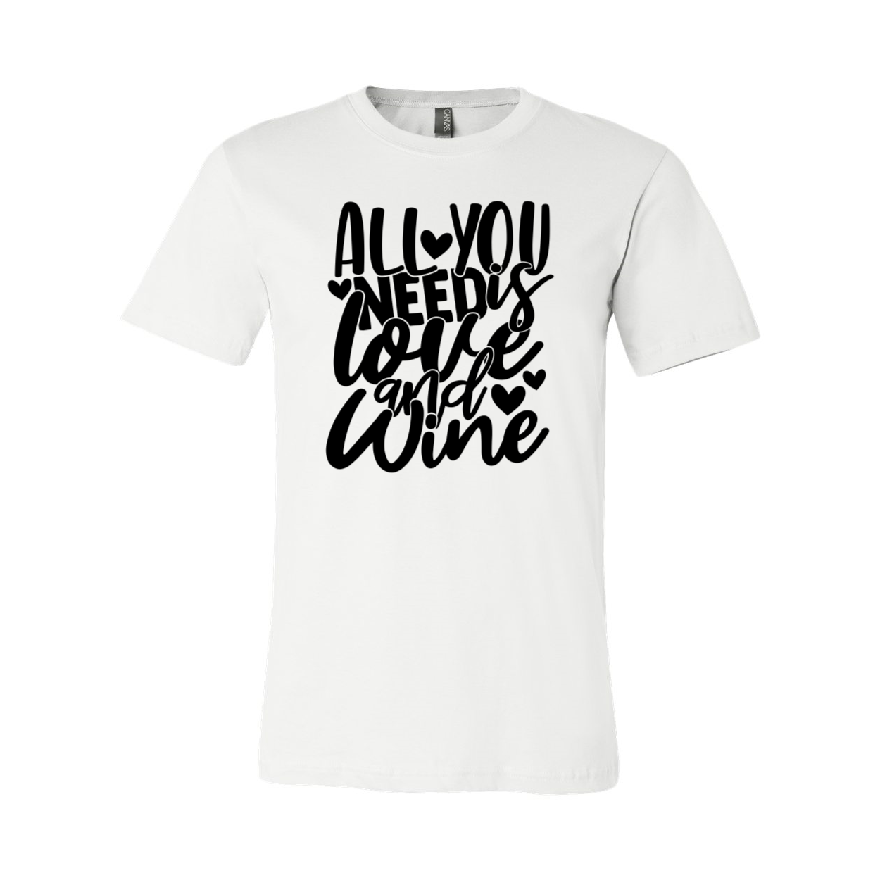 Unisex T-shirt featuring the phrase 'All You Need Is Love And Wine' in vibrant colors, made from soft ring spun cotton.