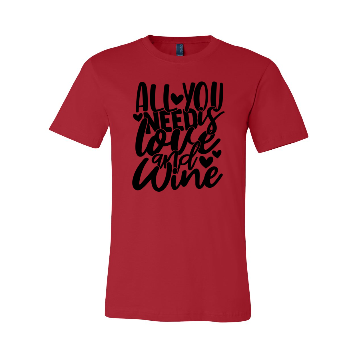 Unisex T-shirt featuring the phrase 'All You Need Is Love And Wine' in vibrant colors, made from soft ring spun cotton.