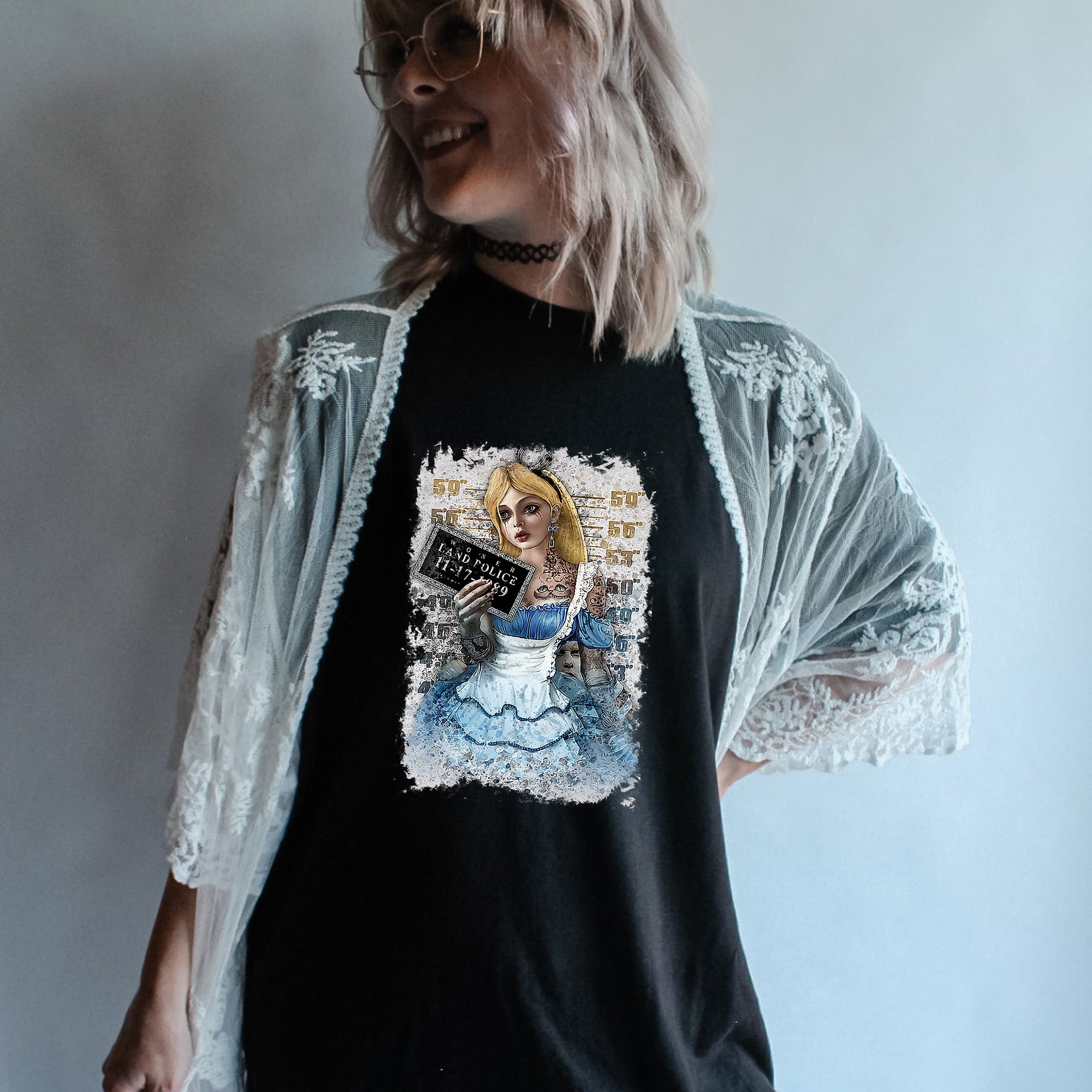 Alice Mugshot Unisex T-shirt featuring a unique design, perfect for casual wear.