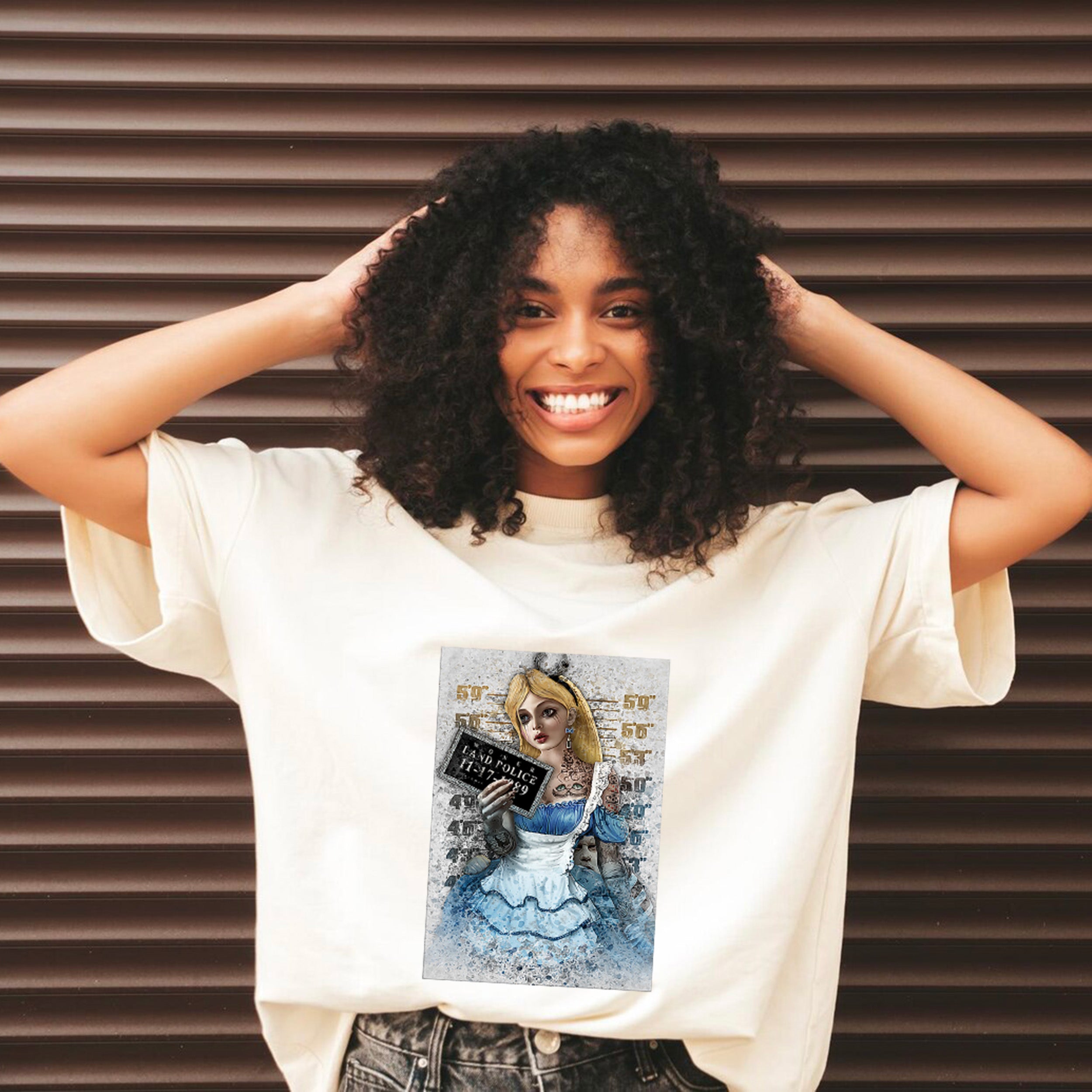 Alice Mugshot Unisex T-shirt featuring a unique design, perfect for casual wear.