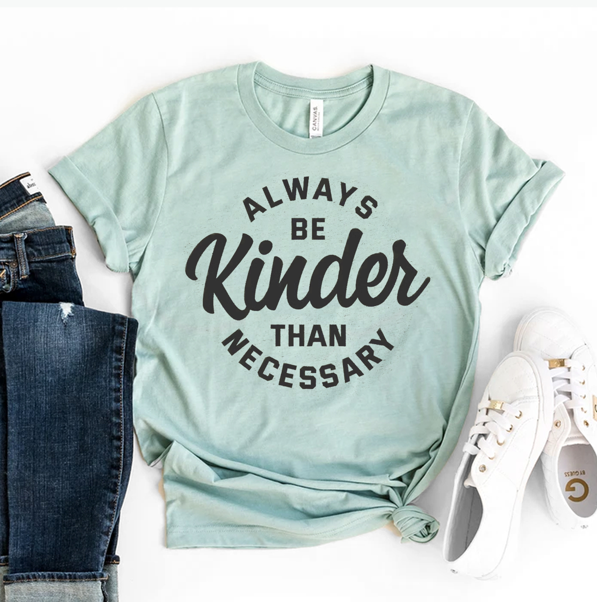 Always Be Kinder Than Necessary T-shirt made of premium ring spun cotton, featuring a soft feel and high-quality flex print design.