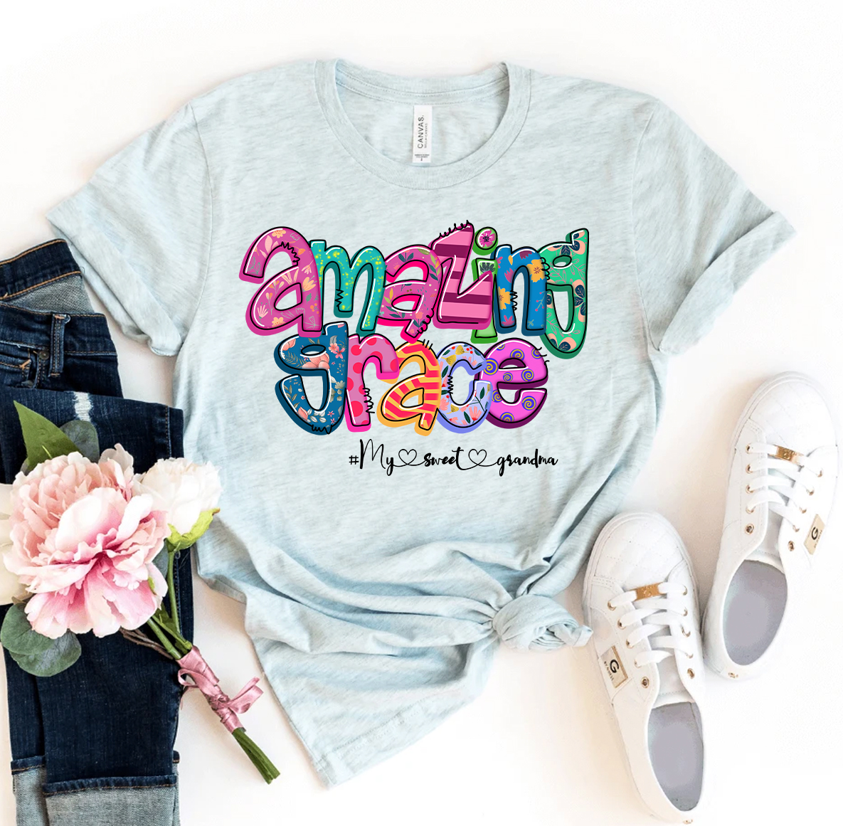 Amazing Grace My Sweet Grandma T-shirt made of premium ring spun cotton, featuring a soft textile flex print design.