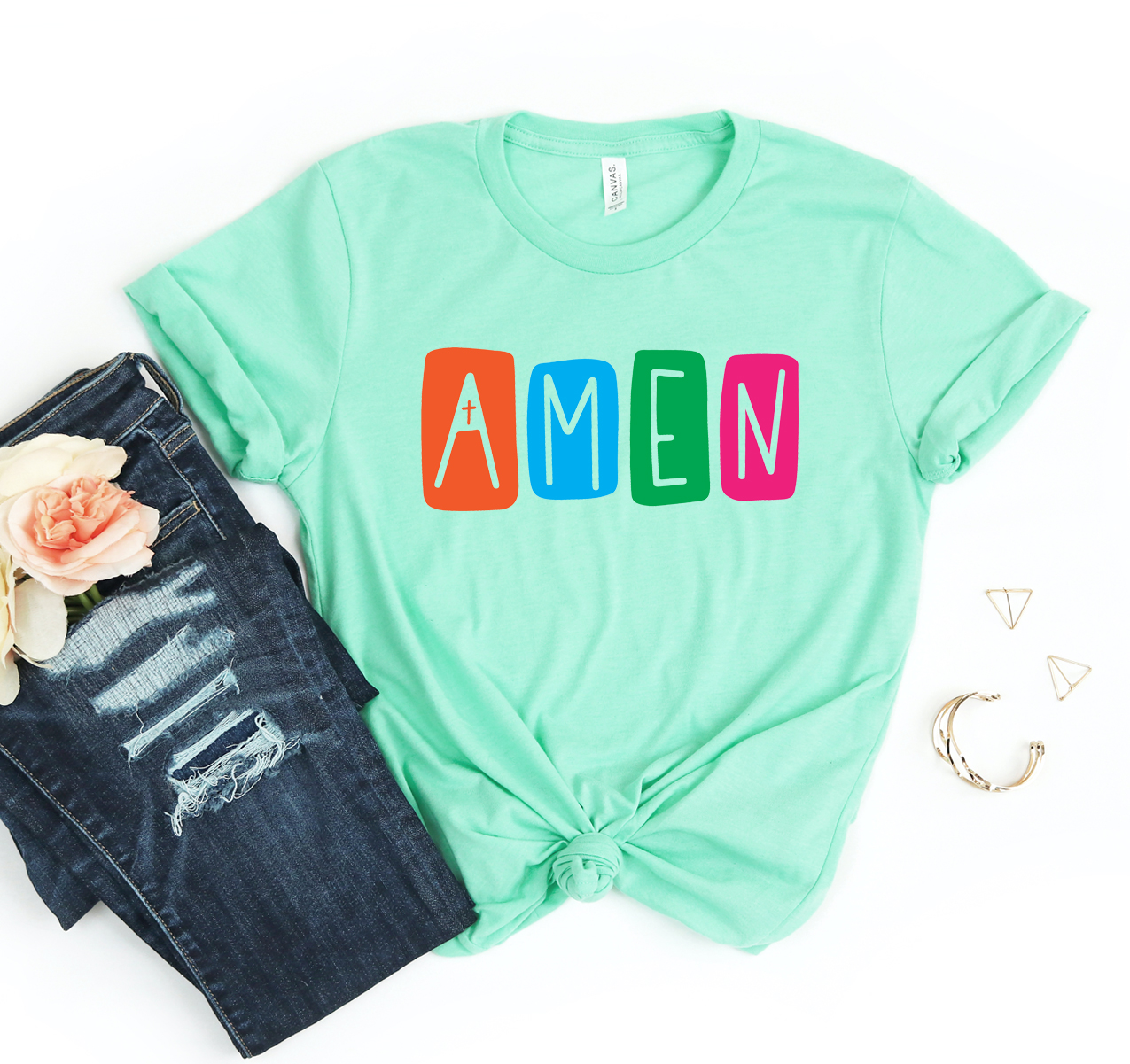 Amen T-shirt displayed on a mannequin, showcasing its unisex design and soft fabric.