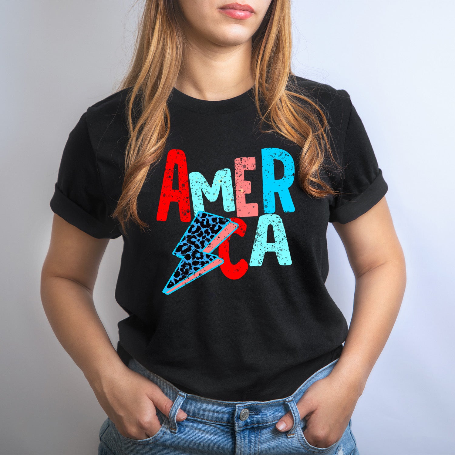 America Distressed Lightning Bolt Unisex T-shirt featuring a unique distressed design on a soft fabric.