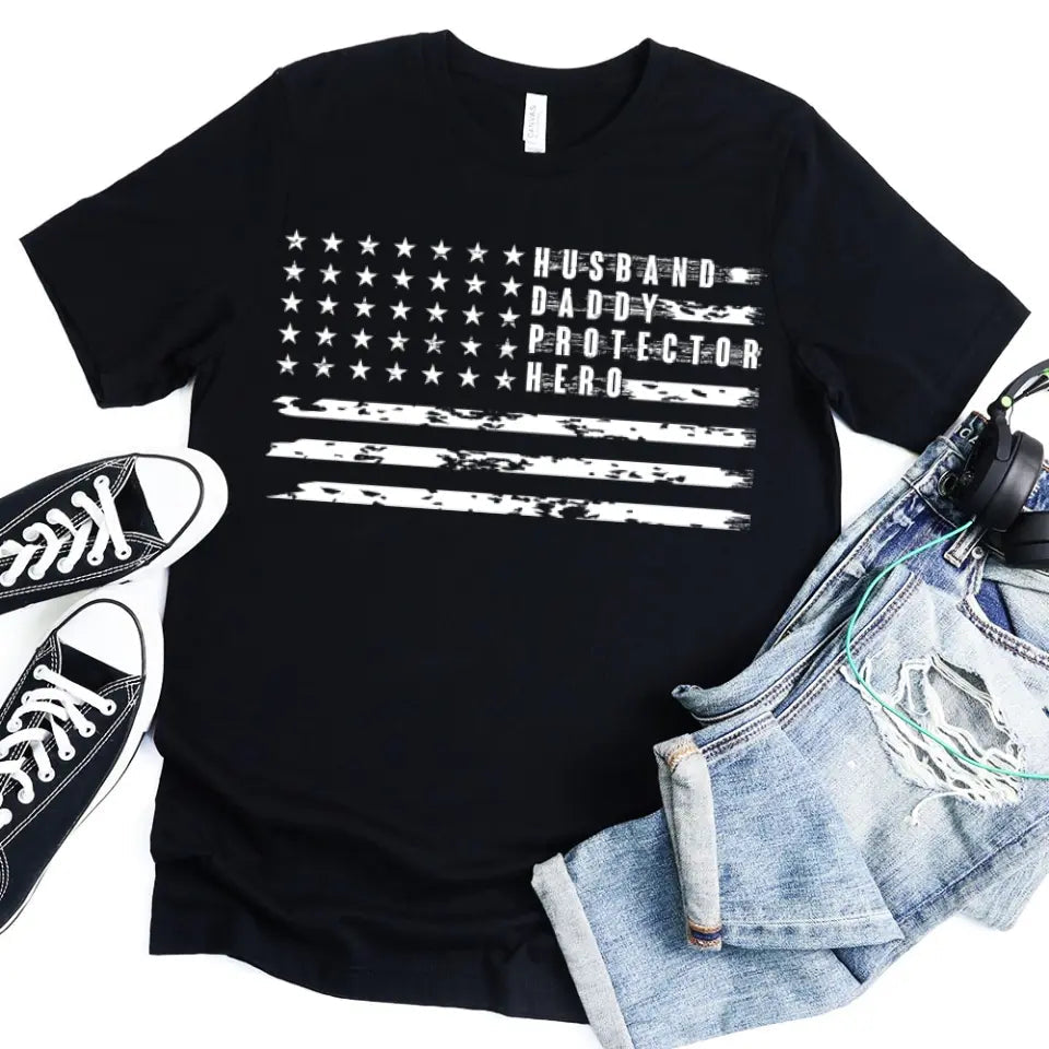 American Dad Flag Patriotic Father's Day T-shirt featuring a vibrant flag design, made from soft Ringspun Cotton for comfort.