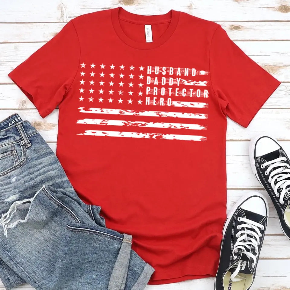 American Dad Flag Patriotic Father's Day T-shirt featuring a vibrant flag design, made from soft Ringspun Cotton for comfort.