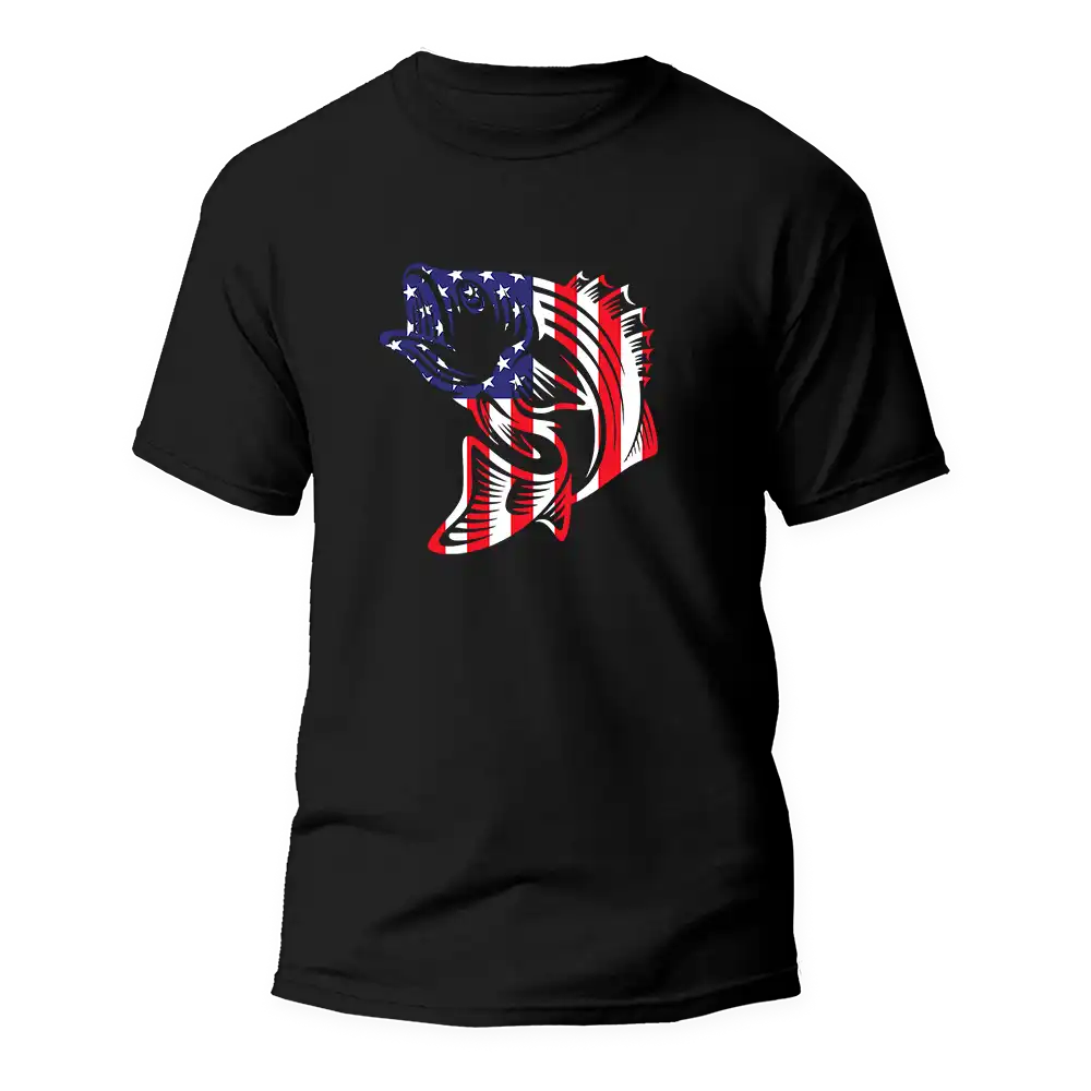 American Flag Fish Come Man T-Shirt featuring a vibrant American flag design with a fish motif, made from soft ringspun cotton.