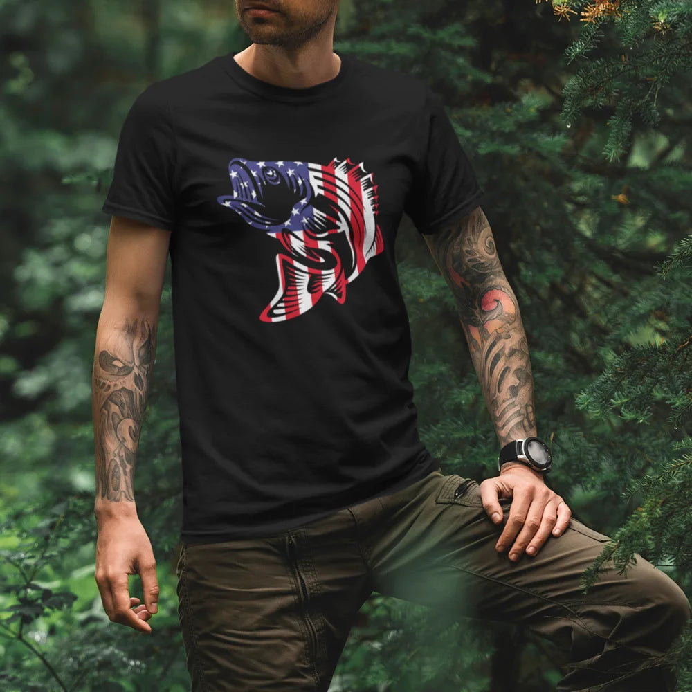 American Flag Fish Come Man T-Shirt featuring a vibrant American flag design with a fish motif, made from soft ringspun cotton.