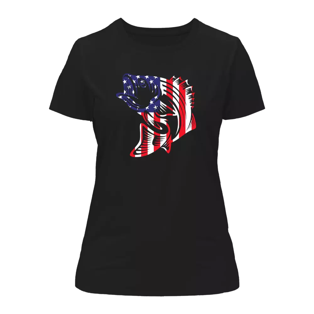 A stylish women's t-shirt featuring an American flag design integrated with a fish motif, showcasing comfort and patriotism.