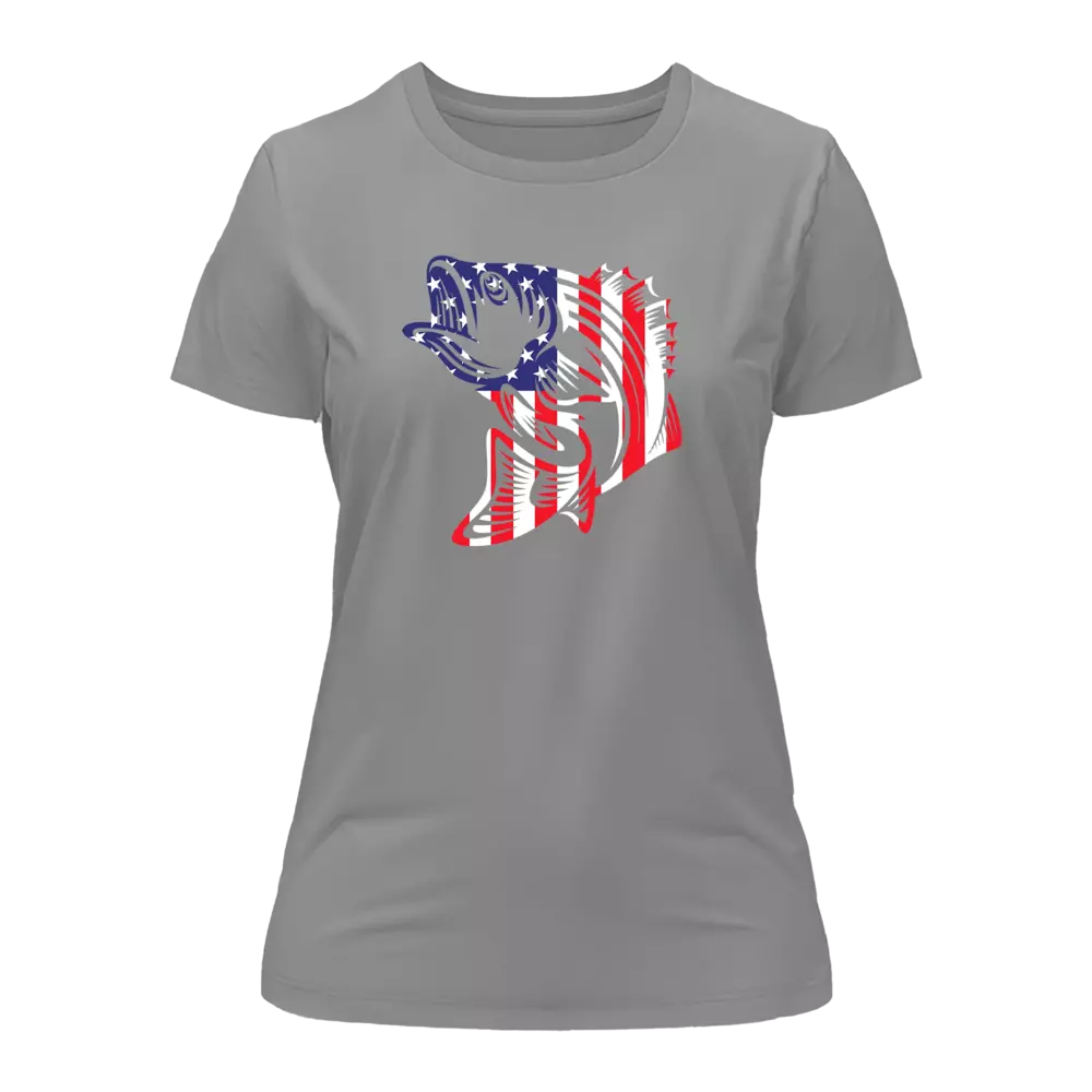 A stylish women's t-shirt featuring an American flag design integrated with a fish motif, showcasing comfort and patriotism.