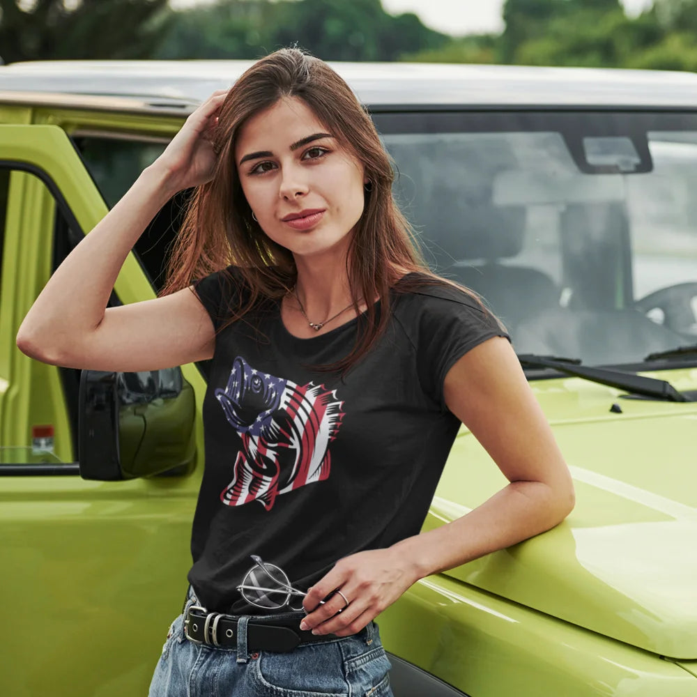 A stylish women's t-shirt featuring an American flag design integrated with a fish motif, showcasing comfort and patriotism.