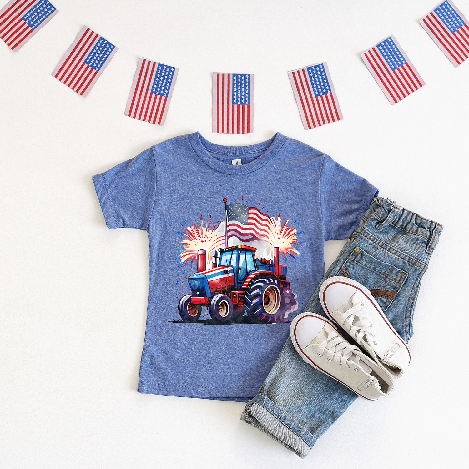 Youth t-shirt featuring an American flag design with a tractor, showcasing vibrant colors and a comfortable fit.