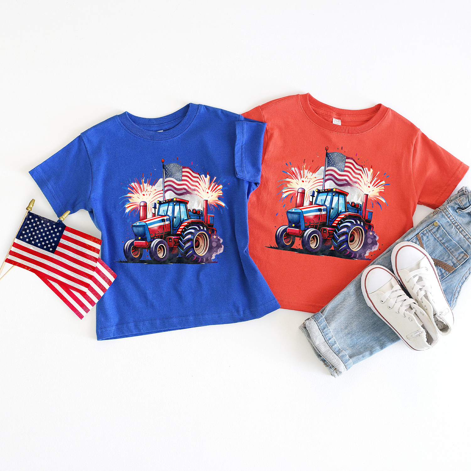 Youth t-shirt featuring an American flag design with a tractor, showcasing vibrant colors and a comfortable fit.