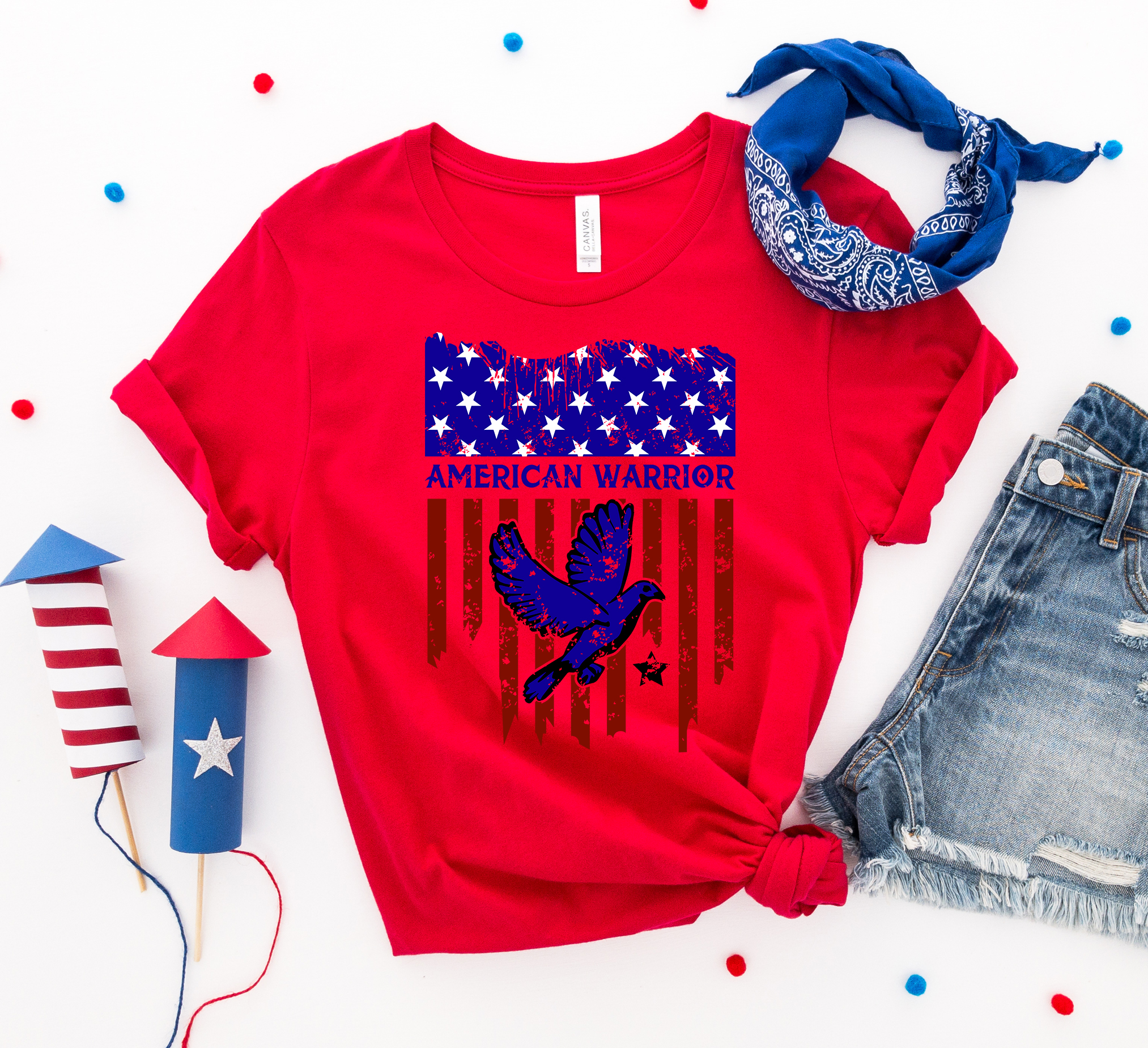 American Warrior T-shirt made of premium ring spun cotton with a striking design, perfect for patriotic celebrations.