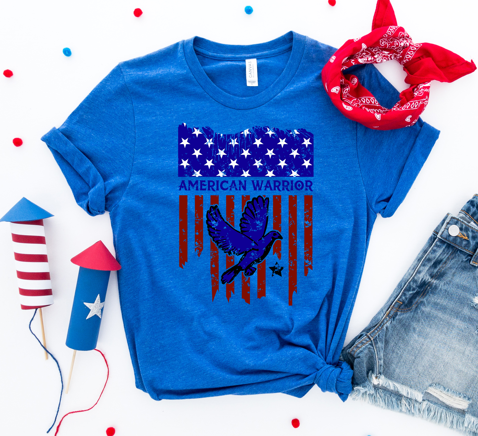 American Warrior T-shirt made of premium ring spun cotton with a striking design, perfect for patriotic celebrations.