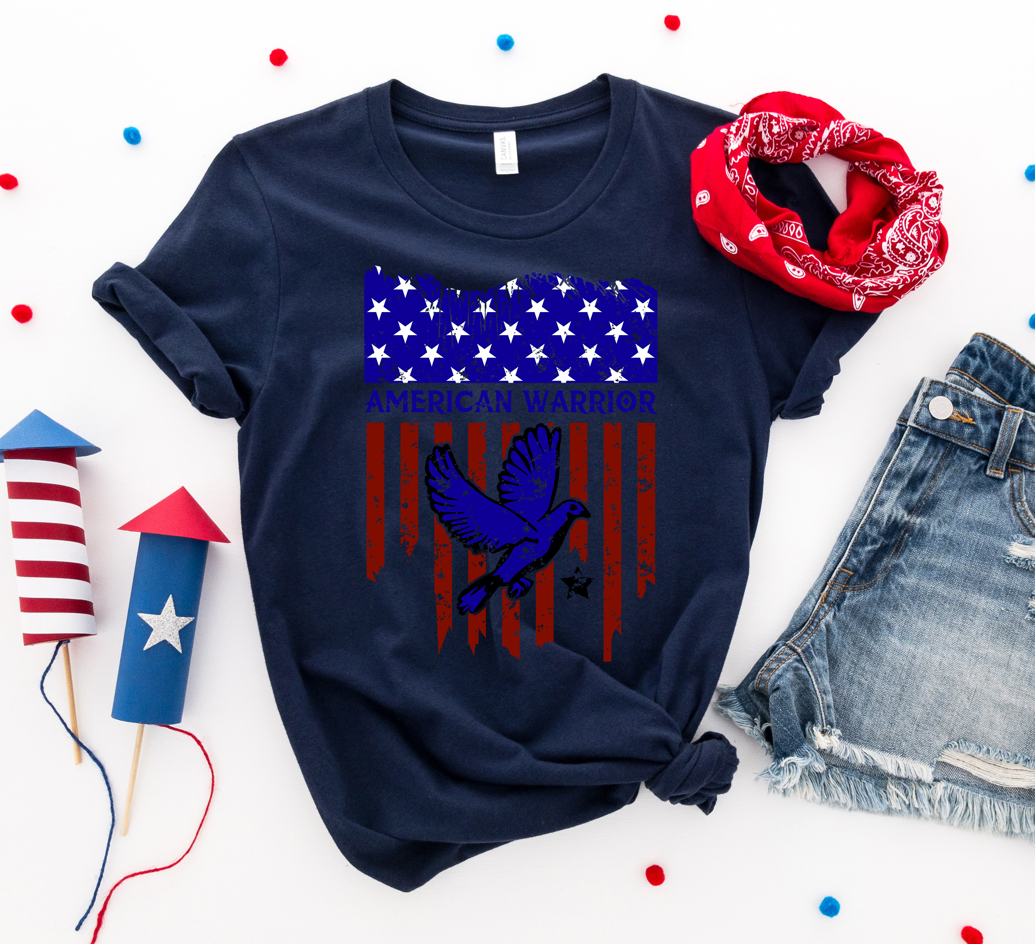 American Warrior T-shirt made of premium ring spun cotton with a striking design, perfect for patriotic celebrations.