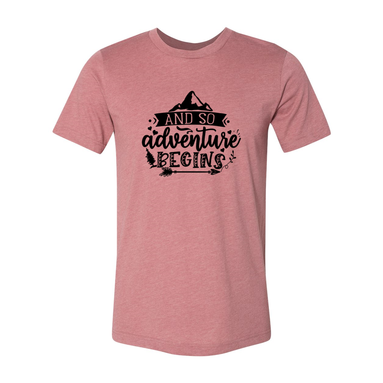 Unisex T-shirt featuring the phrase 'And So Adventure Begins' in a stylish design, made from soft ring spun cotton, available in multiple colors.