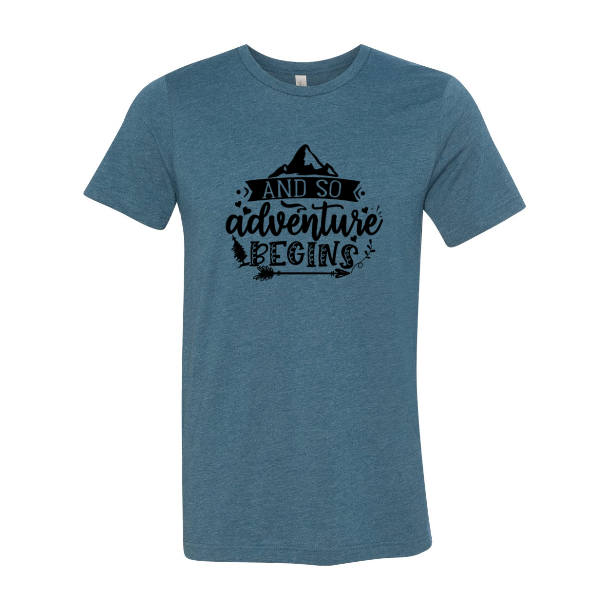 Unisex T-shirt featuring the phrase 'And So Adventure Begins' in a stylish design, made from soft ring spun cotton, available in multiple colors.