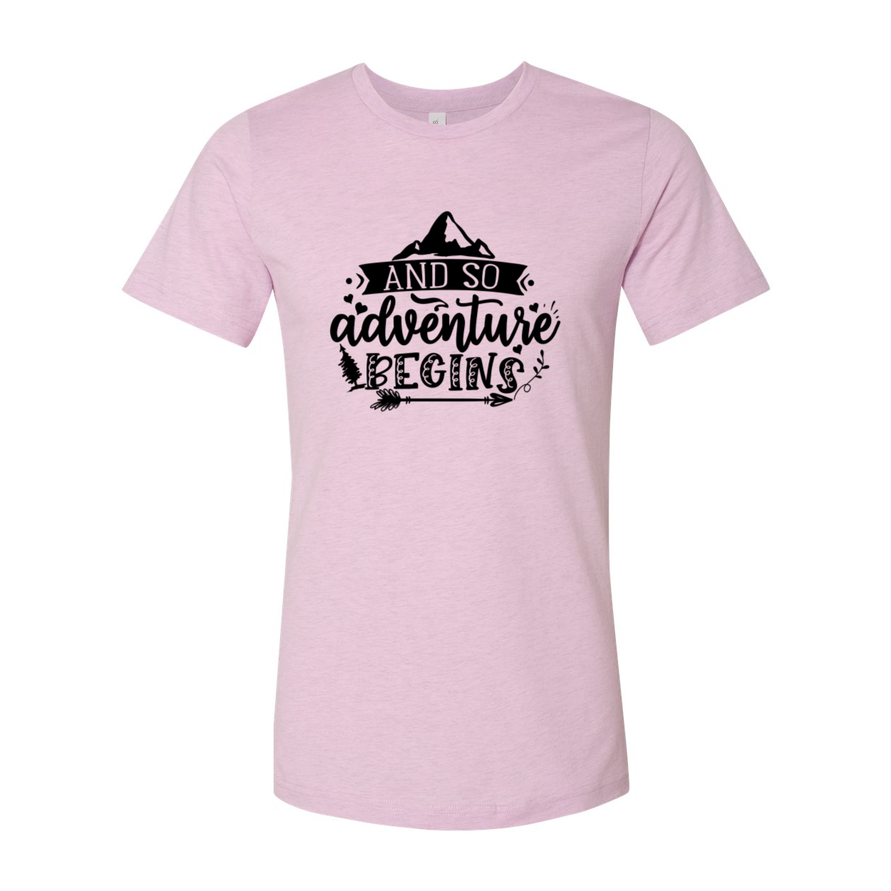 Unisex T-shirt featuring the phrase 'And So Adventure Begins' in a stylish design, made from soft ring spun cotton, available in multiple colors.