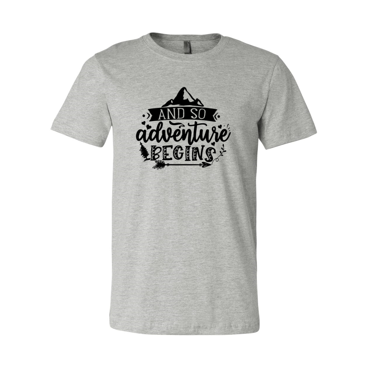 Unisex T-shirt featuring the phrase 'And So Adventure Begins' in a stylish design, made from soft ring spun cotton, available in multiple colors.