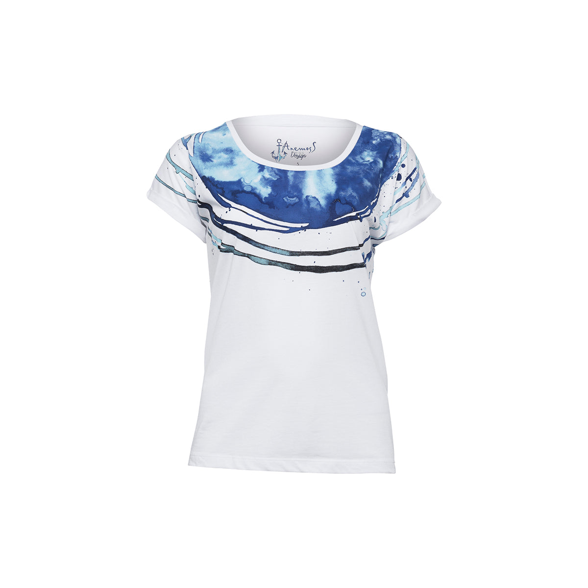 Anemoss Marine Collection Route Damen T-Shirt in Weiß und Blau mit einzigartigem Muster, ideal für den Sommer.