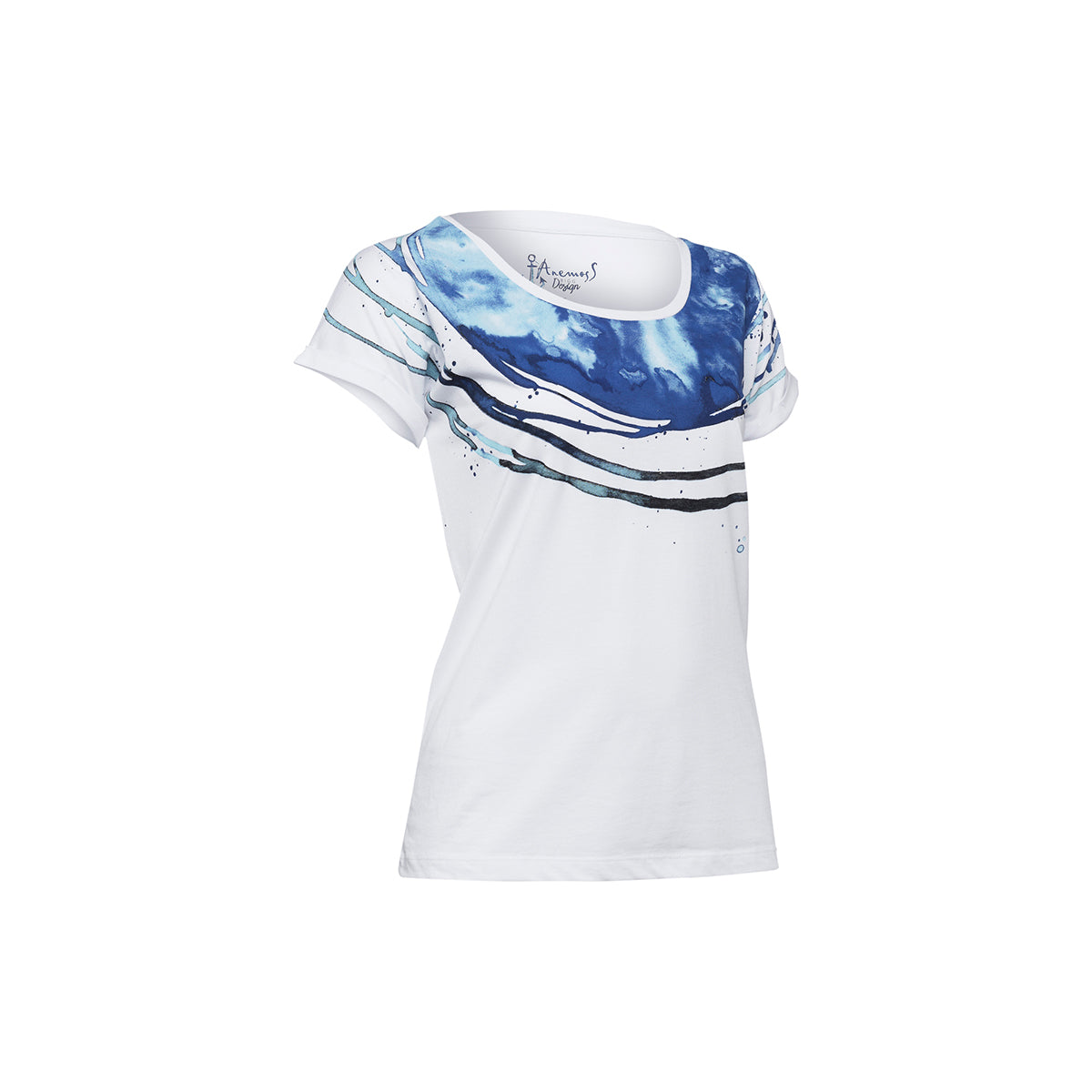 Anemoss Marine Collection Route Damen T-Shirt in Weiß und Blau mit einzigartigem Muster, ideal für den Sommer.