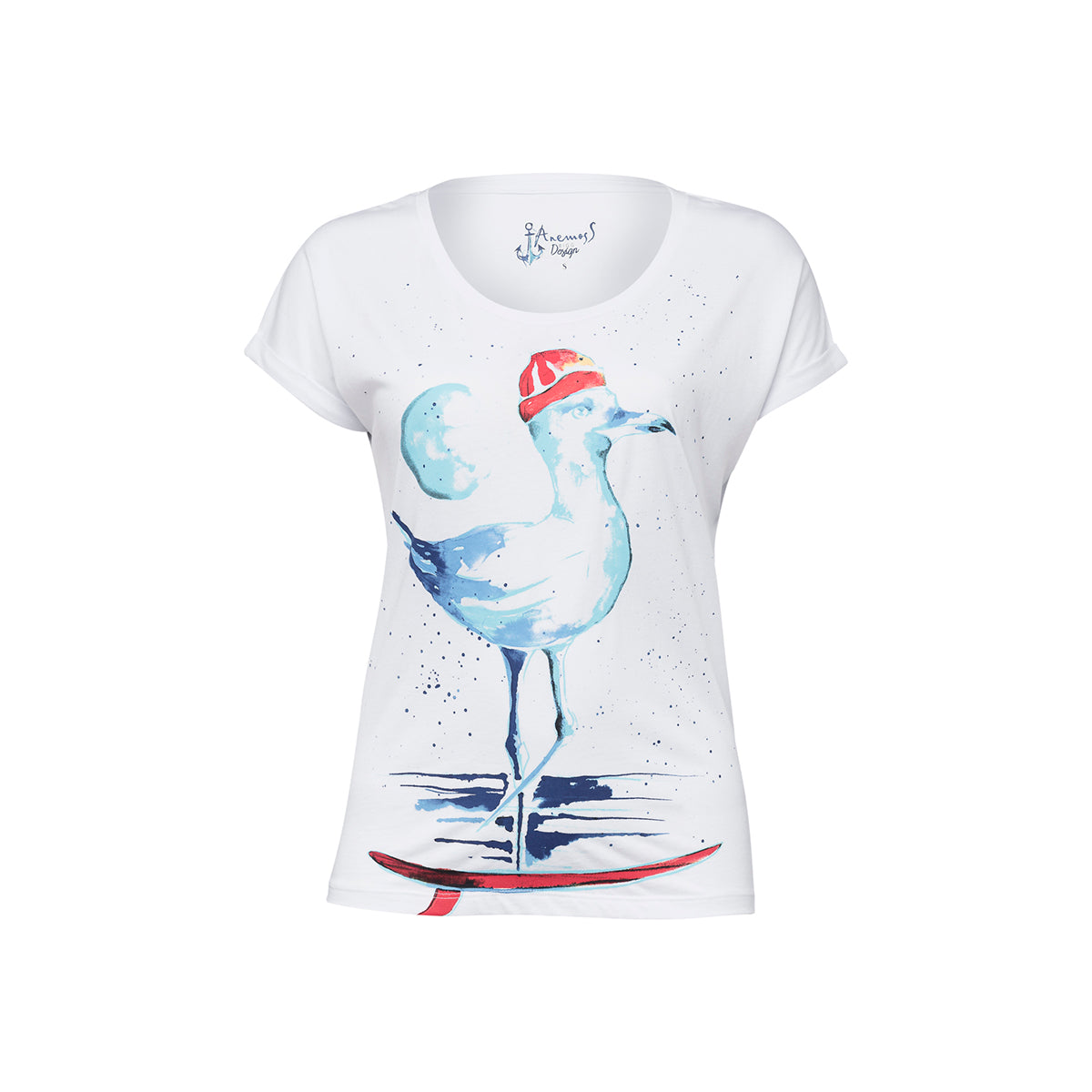 Anemoss Marine Collection Seagull Damen T-Shirt in Weiß mit einzigartigem Seagull Muster, ideal für den Sommer.