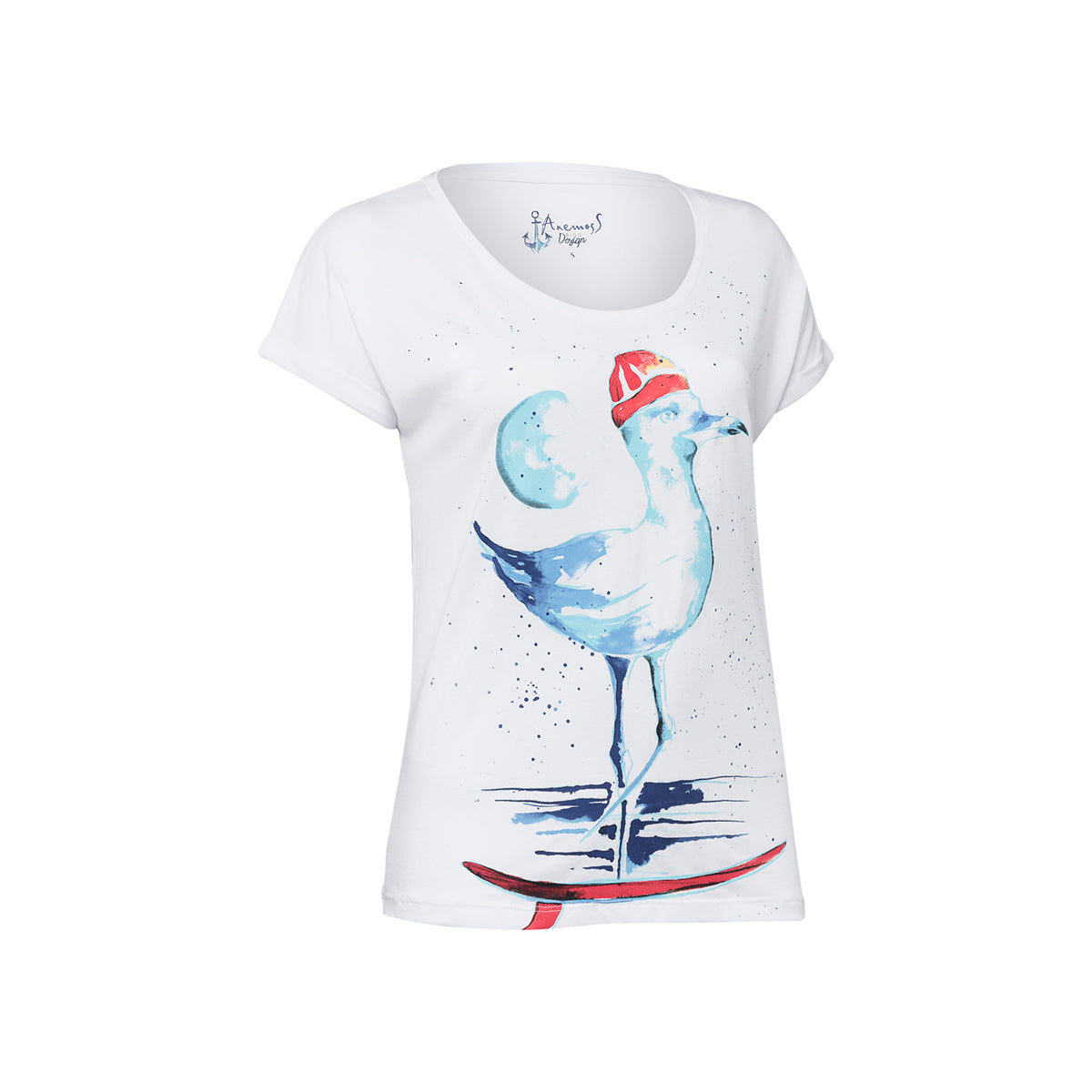 Anemoss Marine Collection Seagull Damen T-Shirt in Weiß mit einzigartigem Seagull Muster, ideal für den Sommer.