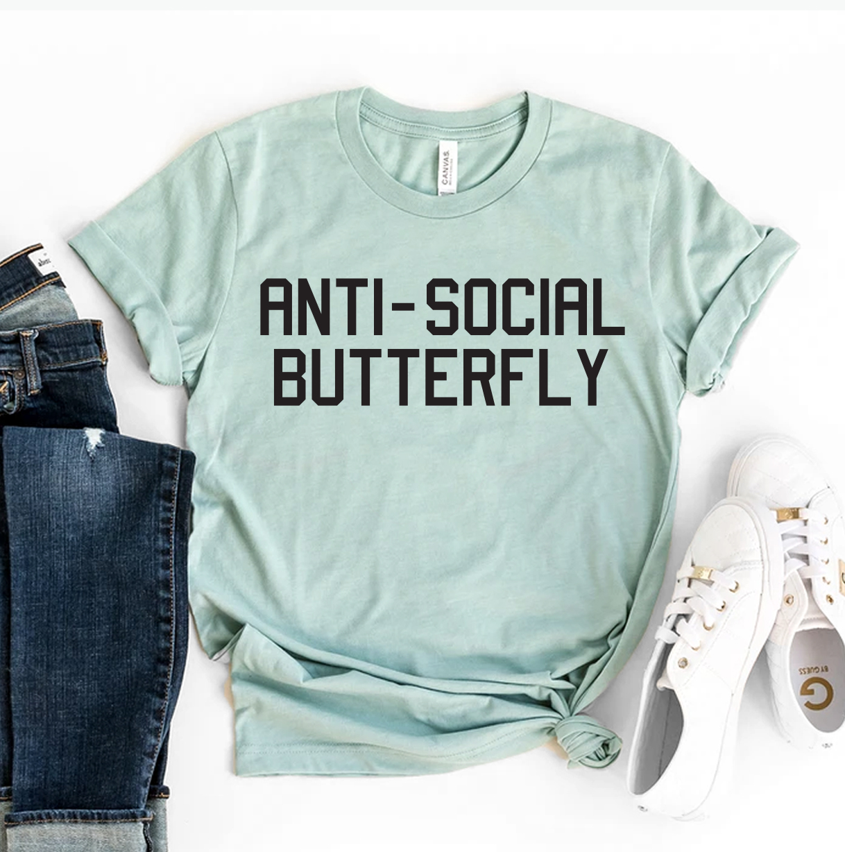 Anti Social Butterfly T-shirt made from premium ring spun cotton with a stylish print, available in various sizes.