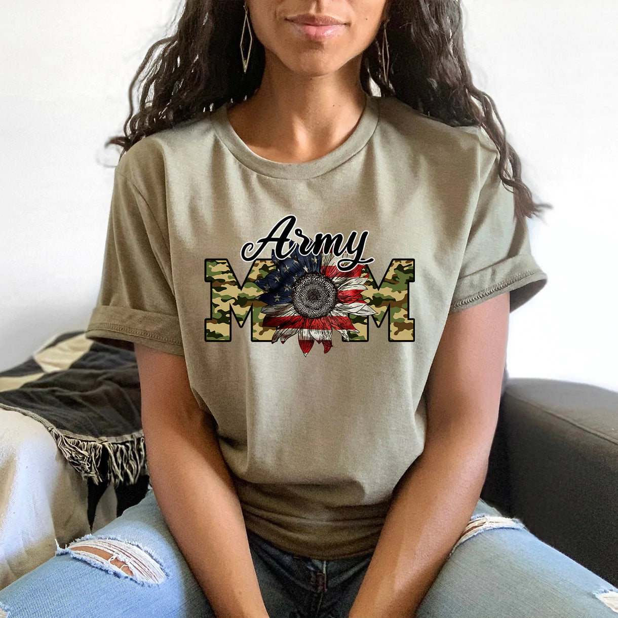 Army Mom Flag Flower Unisex T-shirt featuring a floral design over an American flag, showcasing pride for military families.