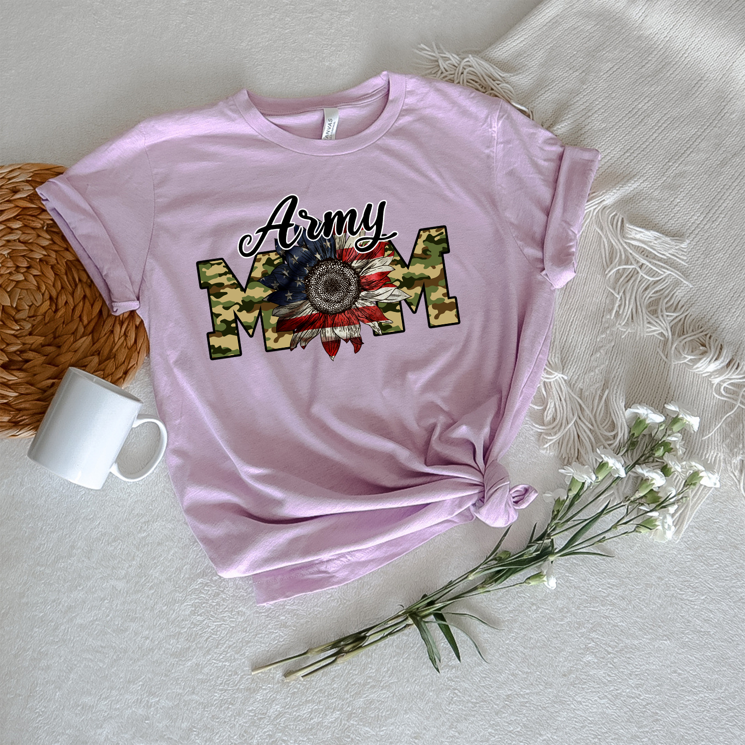 Army Mom Flag Flower Unisex T-shirt featuring a floral design over an American flag, showcasing pride for military families.