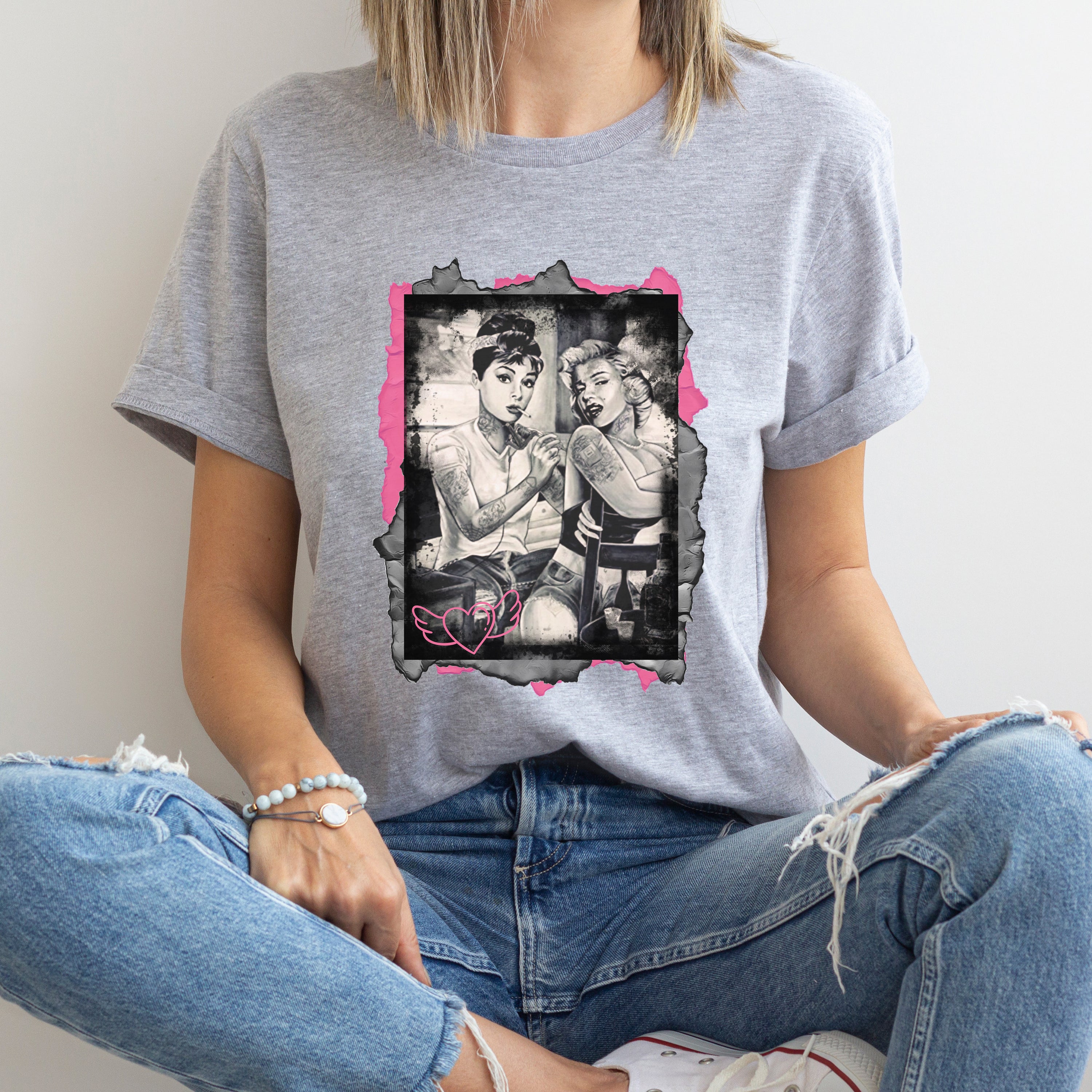 Audrey & Marilyn Unisex T-shirt featuring vibrant DTG printed design, showcasing classic Hollywood style.