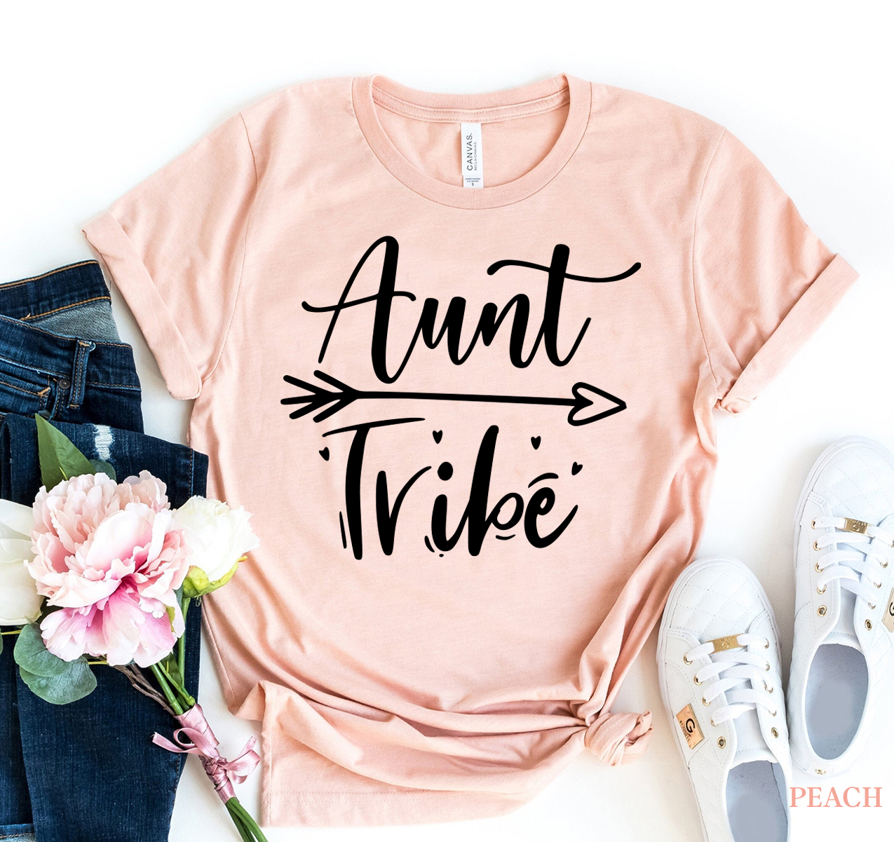 Aunt Tribe T-shirt made of premium ring spun cotton, featuring a vibrant flex print design, available in various sizes.