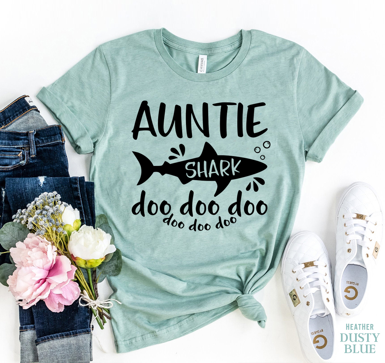 Auntie Shark T-shirt made of premium ring spun cotton with a vibrant flex print design.