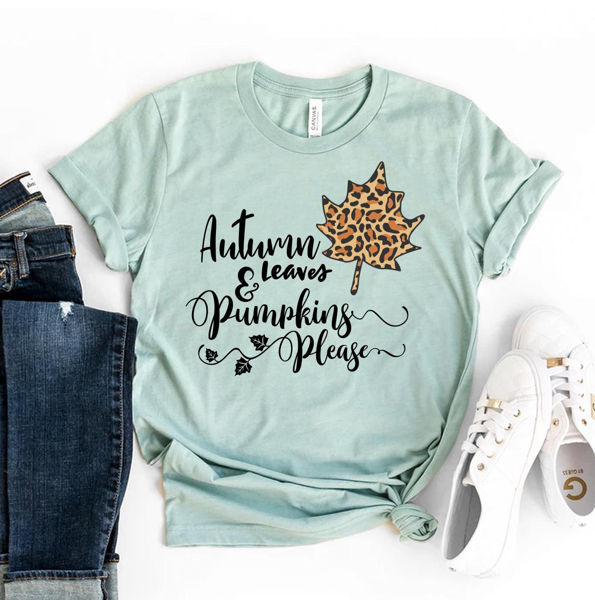 Autumn Leaves & Pumpkins Please T-shirt featuring vibrant autumn-themed print on premium cotton fabric.