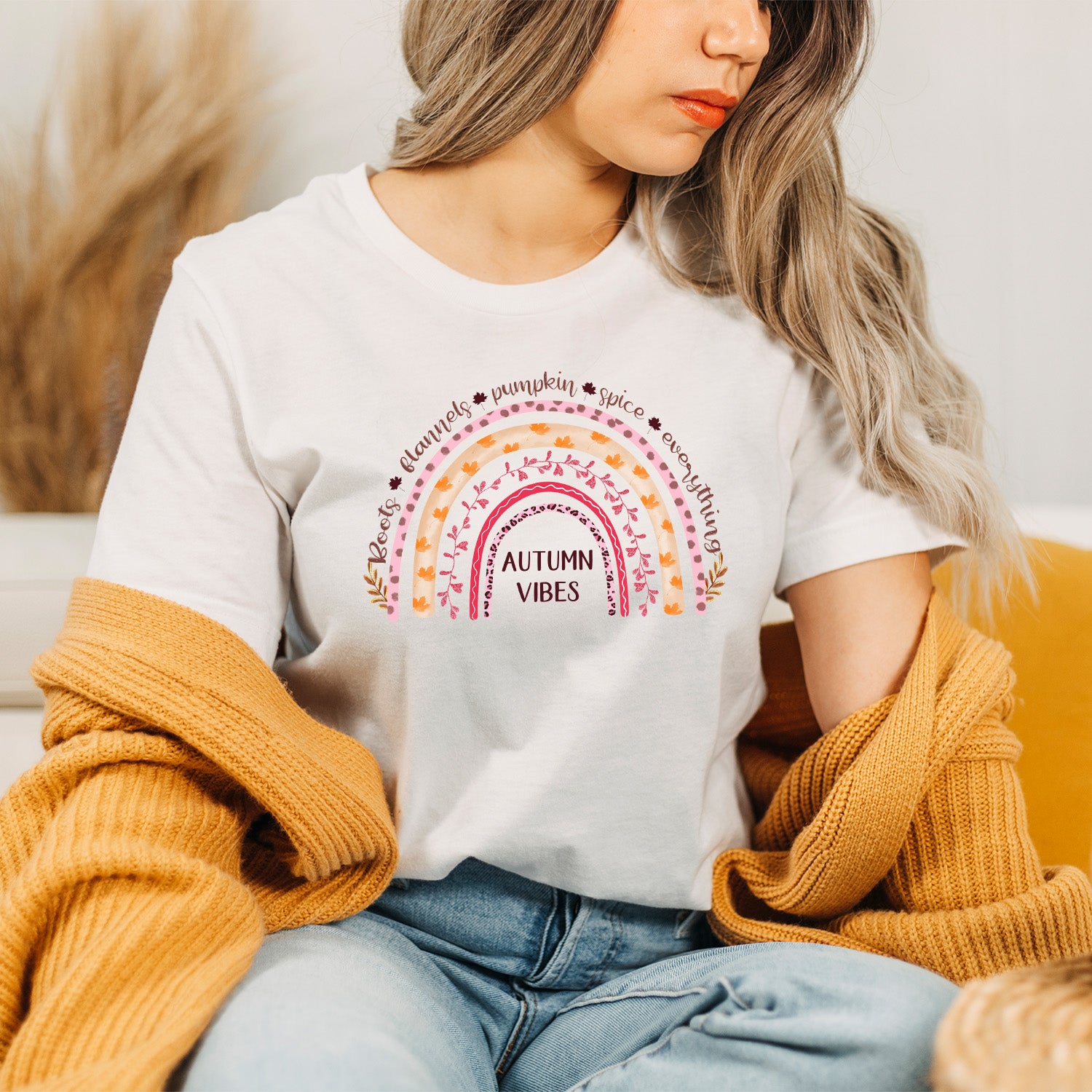 Autumn Vibes Rainbow Unisex T-shirt featuring a vibrant rainbow design, perfect for casual wear.