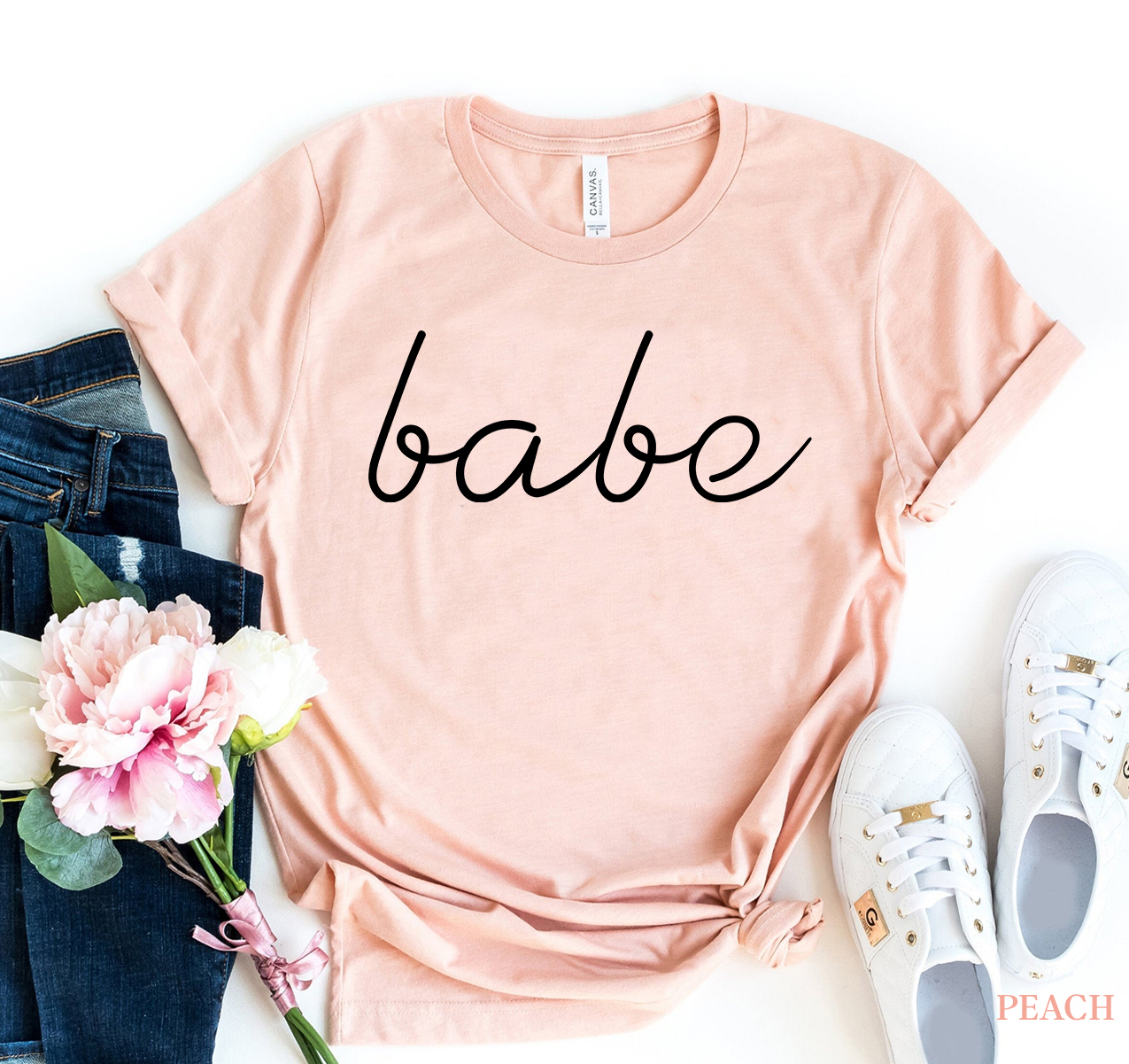 Babe T-shirt made of premium ring spun cotton, featuring a soft textile flex print design, available in various sizes.