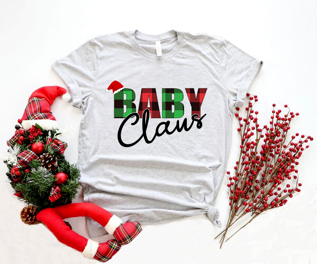 A soft and stylish Baby Claus Shirt made from ring spun cotton, featuring a classic crew neck and short sleeves, available in multiple colors.