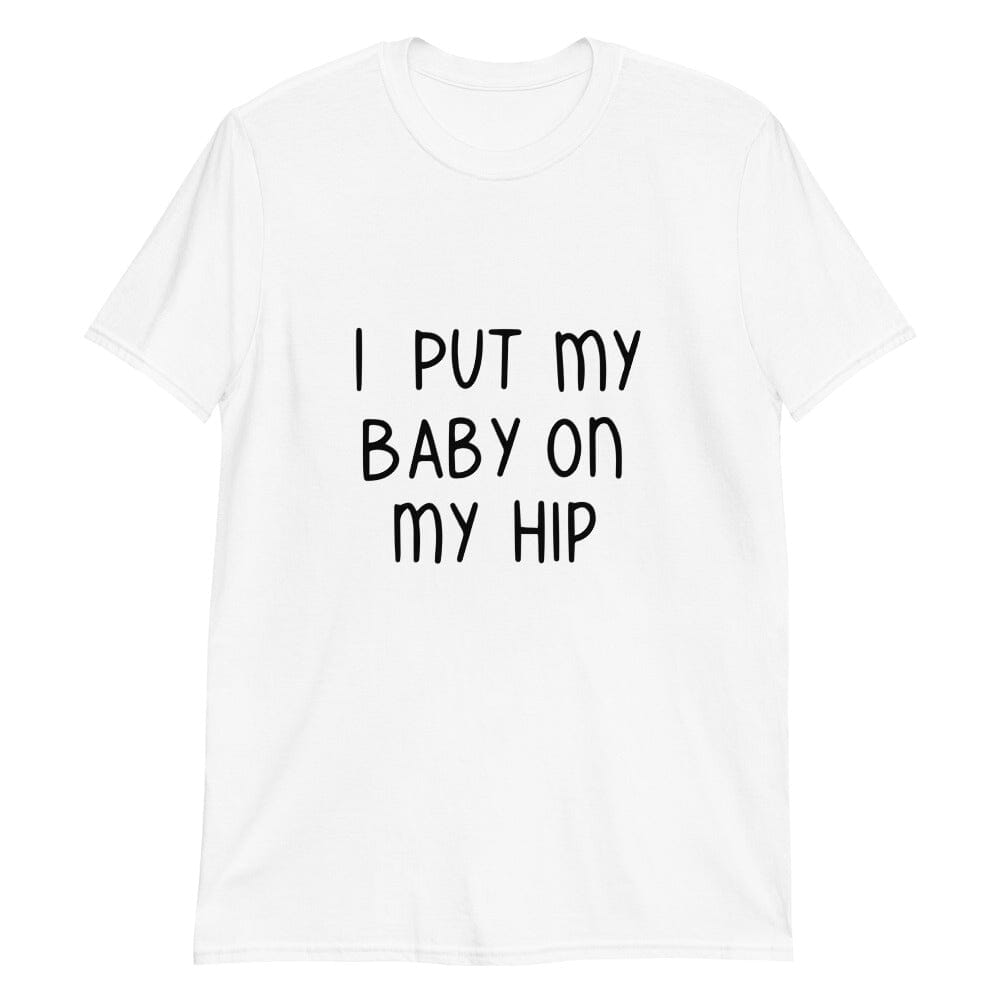 A stylish woman wearing the Baby On My Hip Tee, showcasing its comfortable fit and modern design in a casual setting.