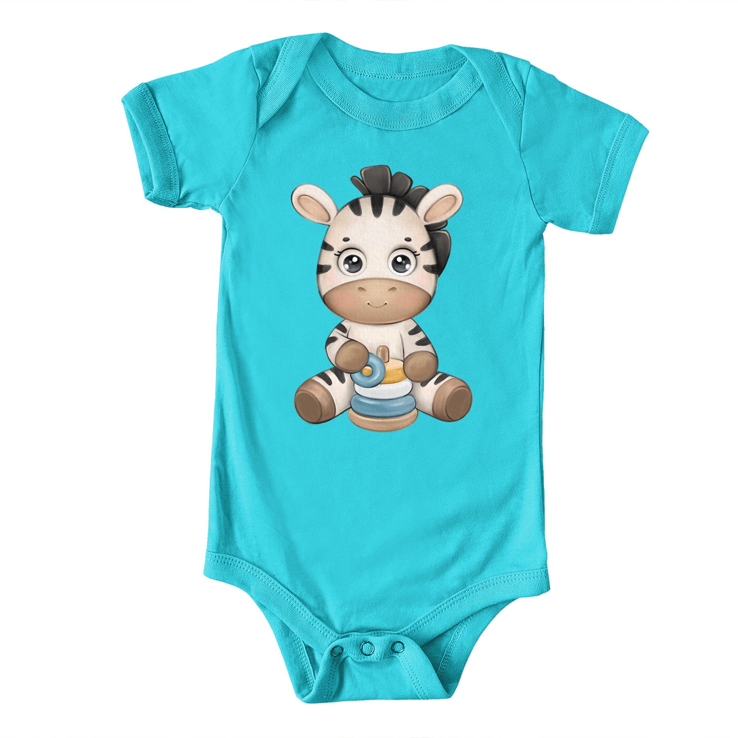 A cute Baby Zebra Onesie featuring a vibrant zebra print, designed for comfort and style for infants.